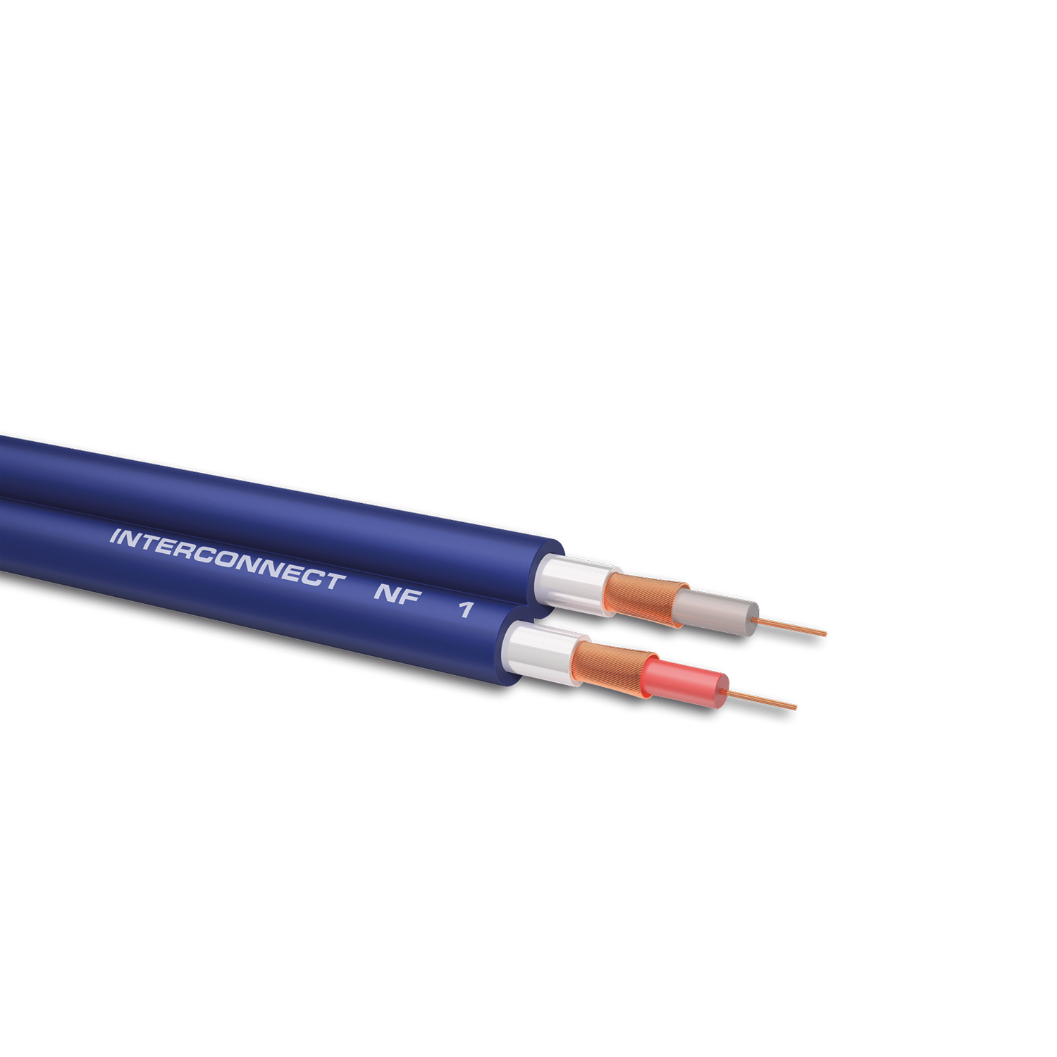 Ein blaues Interconnect NF 1-Kabel ist vor einem schwarzen Hintergrund aufgeschnitten.
