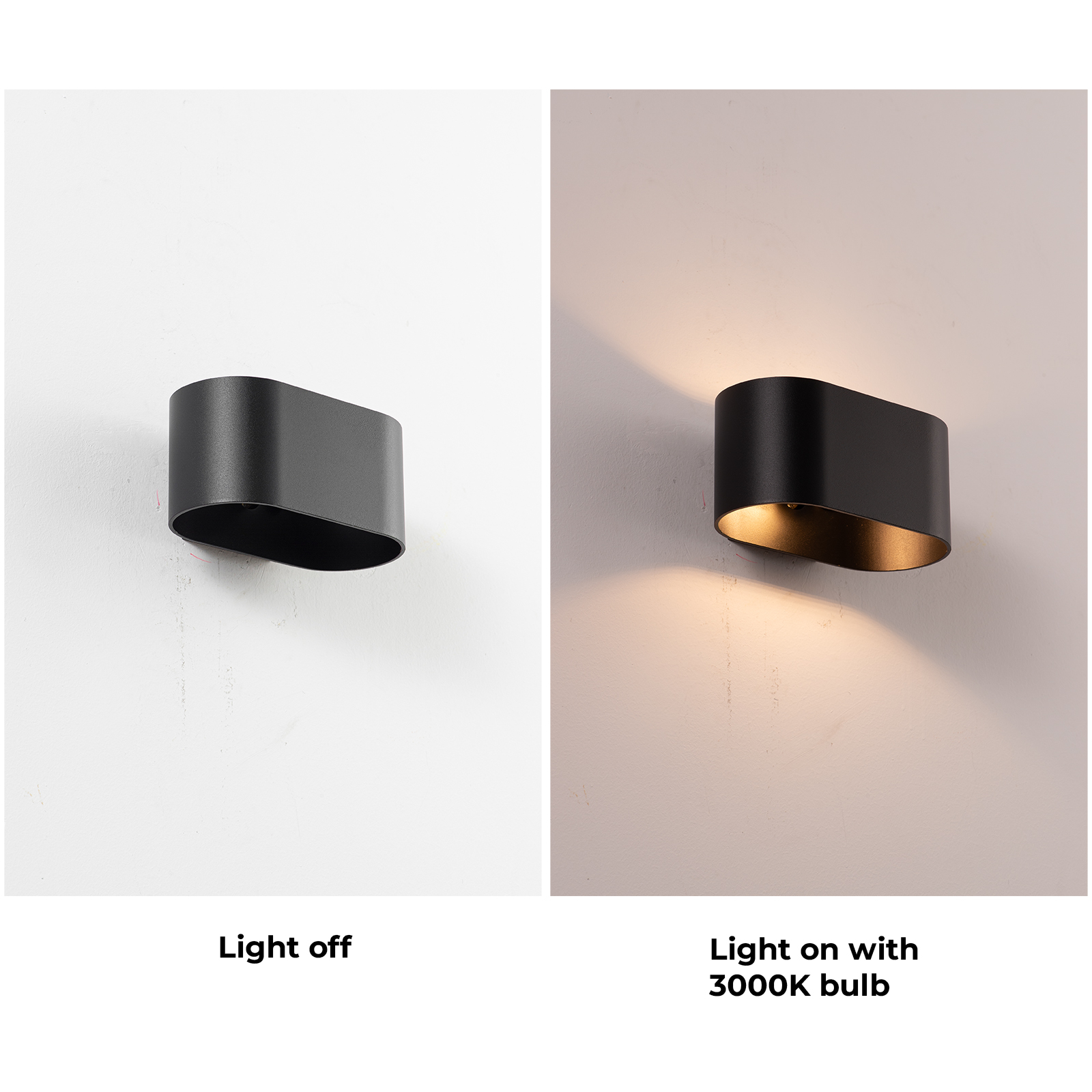 Lámpara de pared negra, luz apagada y encendida con bombilla de 3000K en una pared blanca.