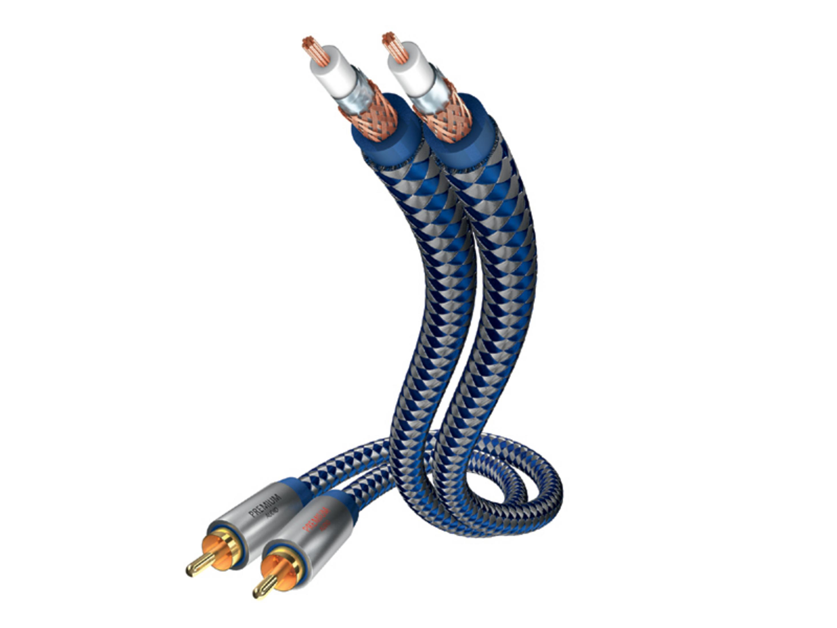 Ein blau-silbernes Premium-Audiokabel ist auf Weiß aufgerollt.