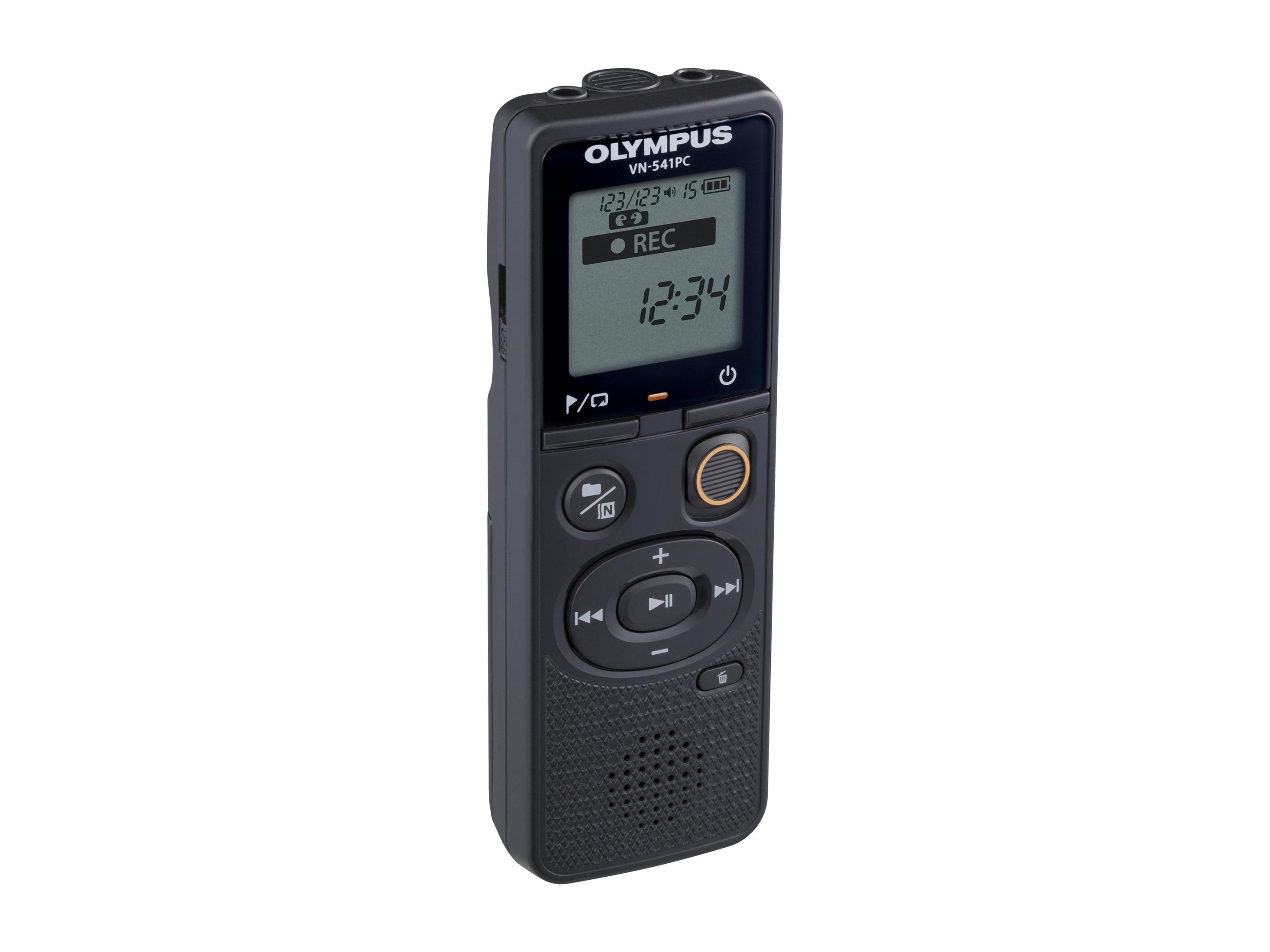 Ein schwarzer digitaler Olympus VN-541PC-Diktiergerät vor einem weißen Hintergrund.