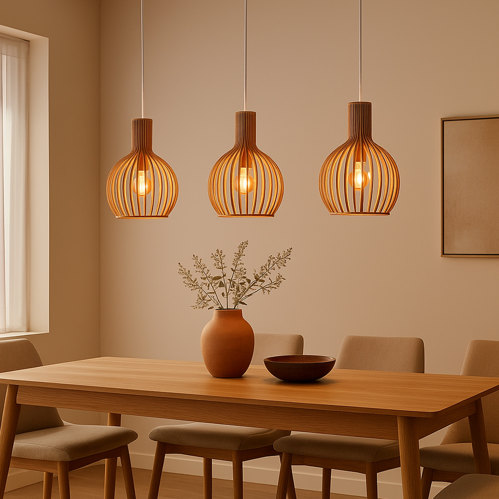 Tres lámparas de madera cuelgan sobre una mesa puesta para seis con platos y un jarrón de flores.