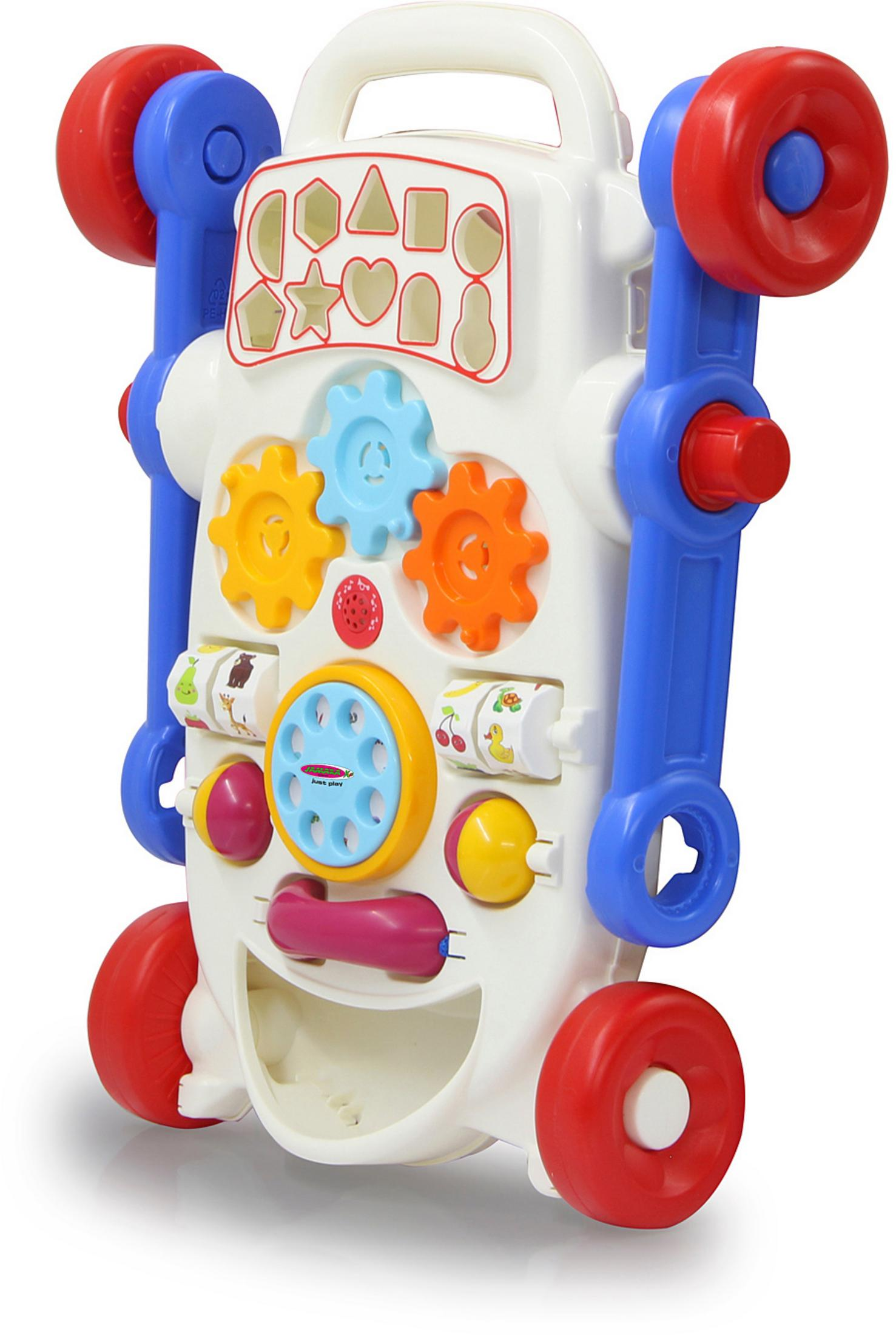 Ein weißes Walker-Spielzeug mit blauen und roten Rädern und buntem Spielzeug ist abgebildet.