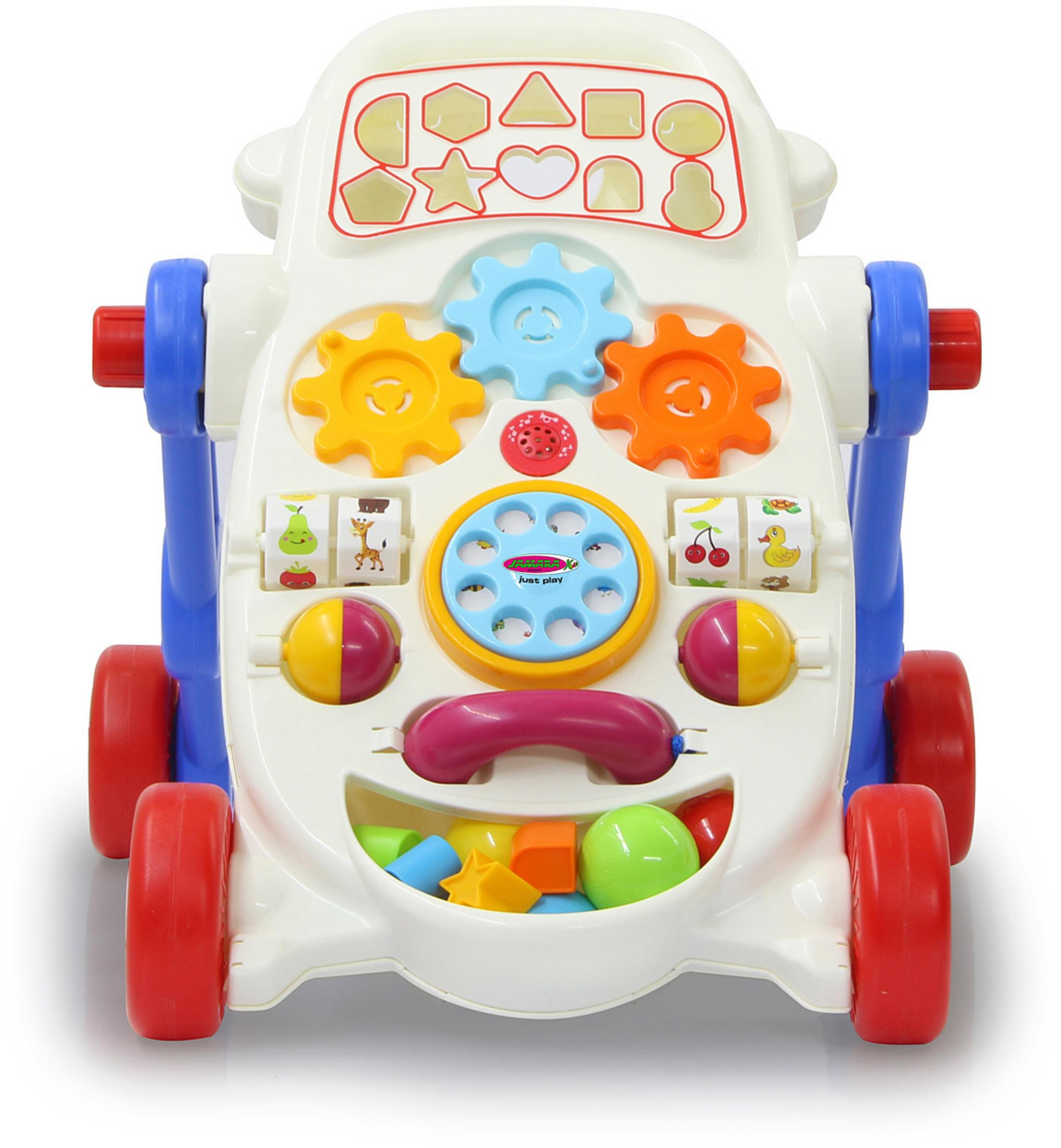 Ein weißes Walker-Spielzeug mit blauen und roten Rädern und bunten Spielzeugen im Inneren ist abgebildet.