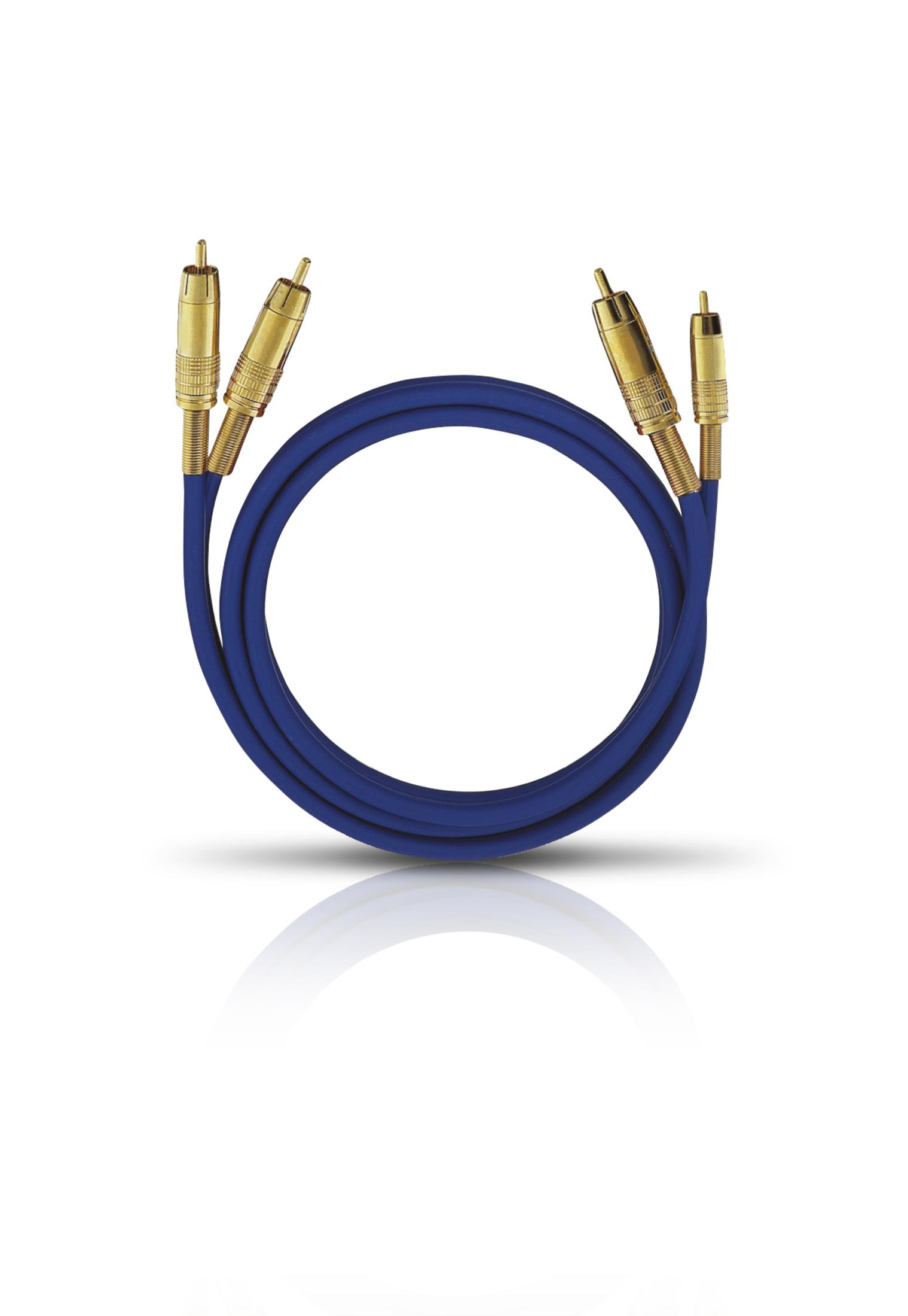 Ein blaues RCA-Kabel mit goldenen Anschlüssen ist auf einem weißen Hintergrund mit einem subtilen Schatten zu einem Kreis gewickelt.