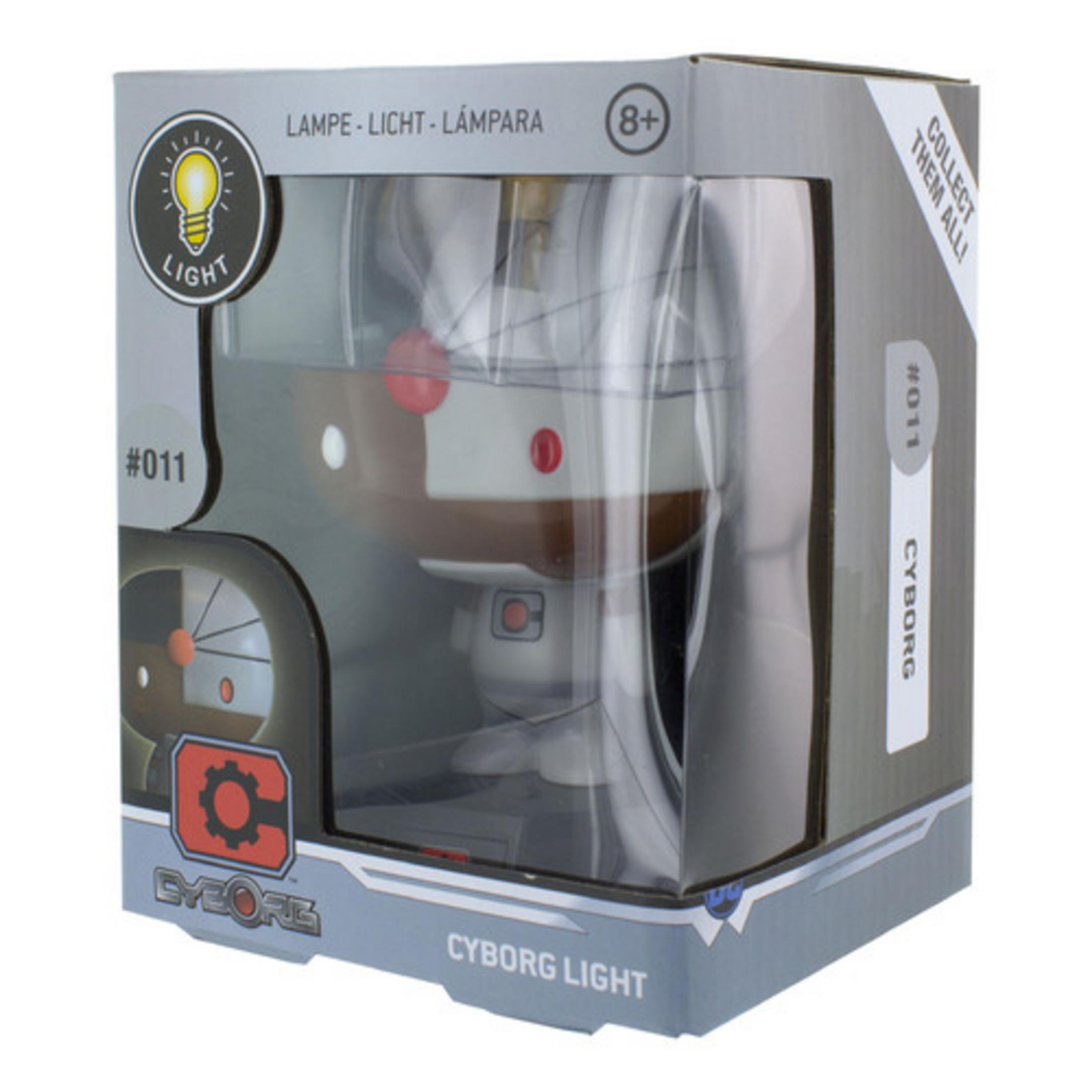Ein Cyborg-Licht in seiner Verpackung, das sein Design und Branding zeigt, vor einem weißen Hintergrund.
