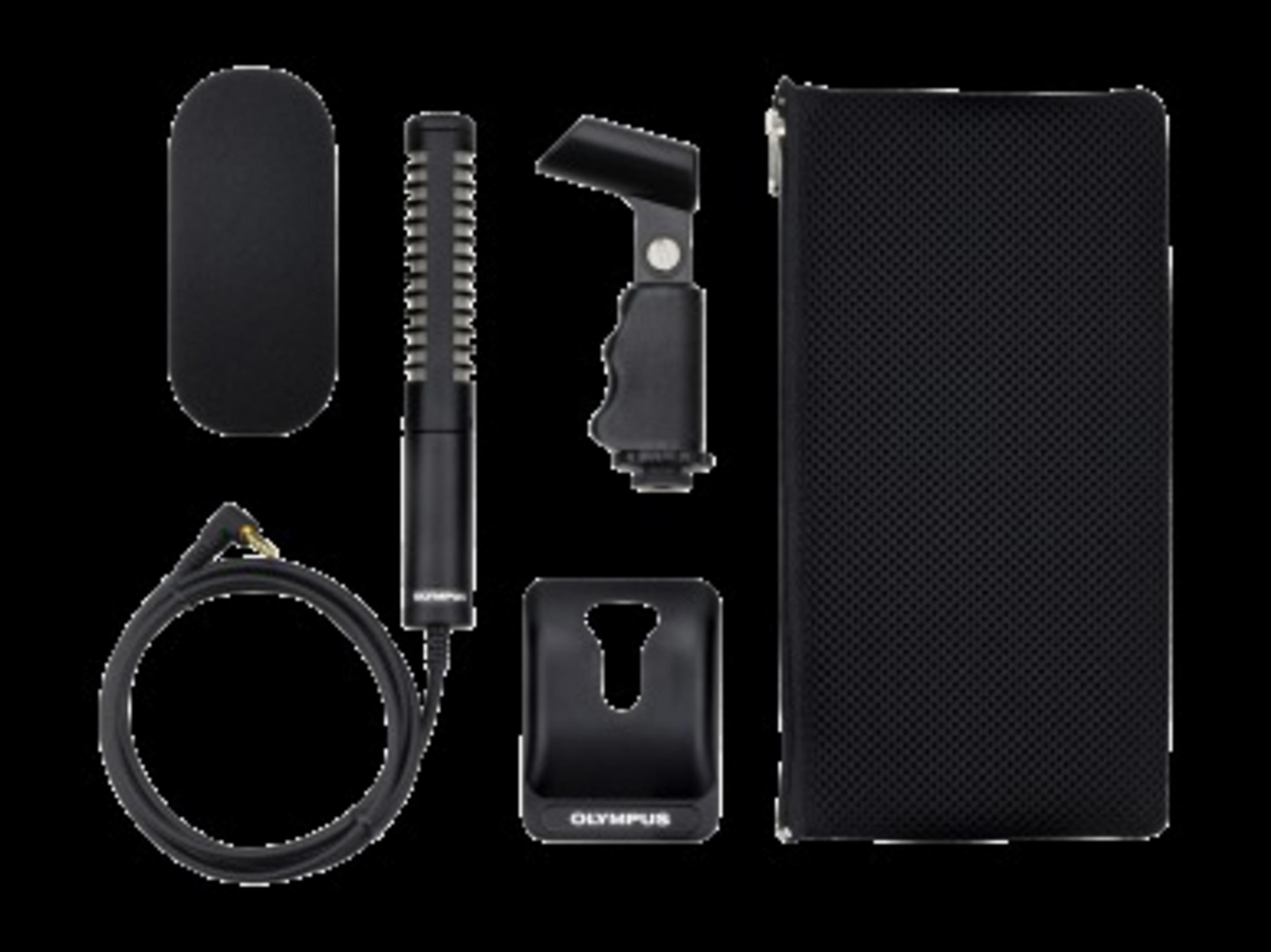 Ein schwarzes Mikrofon-Kit ist vor einem schwarzen Hintergrund ausgelegt und zeigt seine verschiedenen Komponenten.