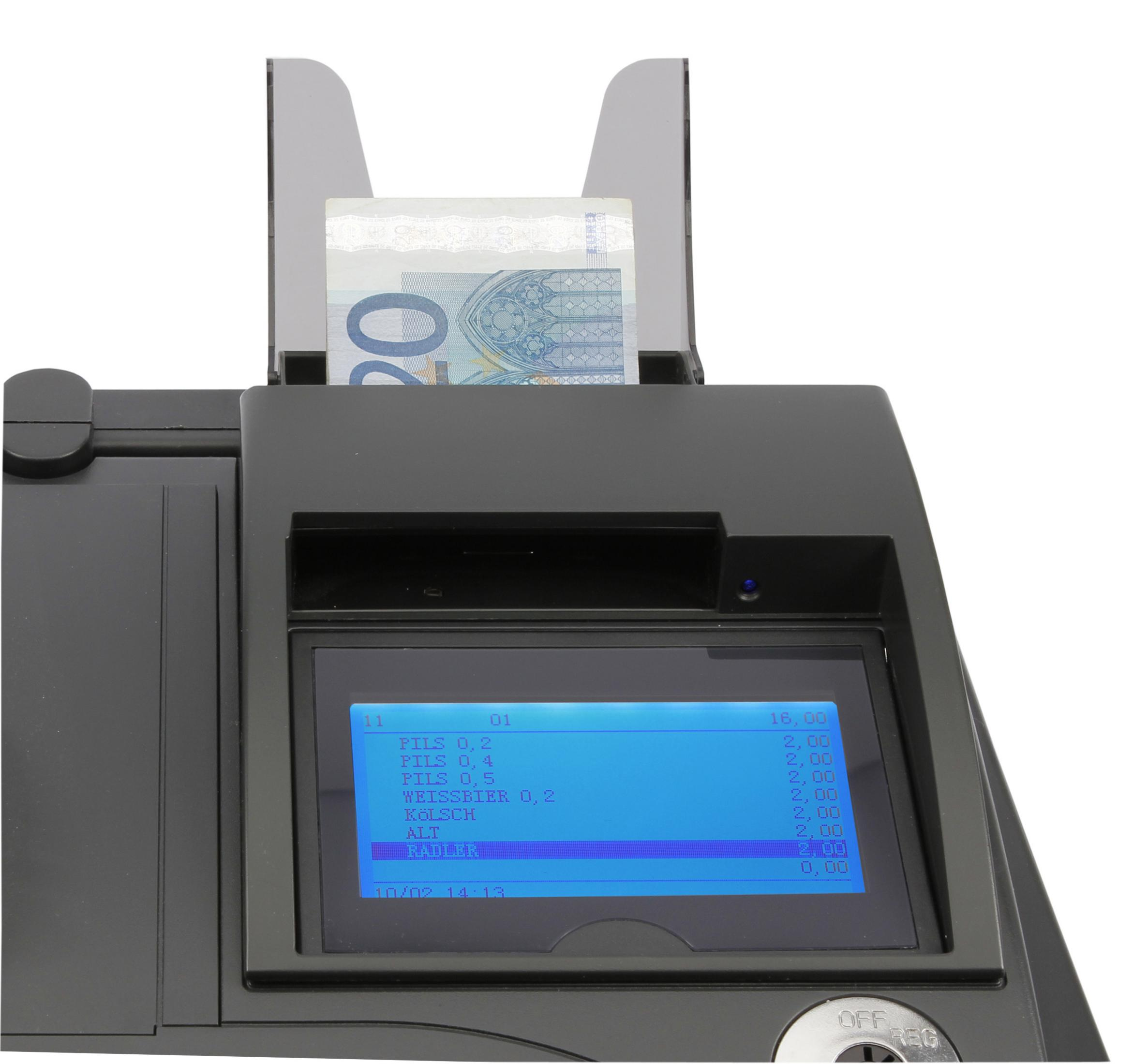 Ein schwarzer Geldzähler zeigt einen 20-Euro-Schein an, mit einem Bildschirm, der Menüoptionen und Preise anzeigt.