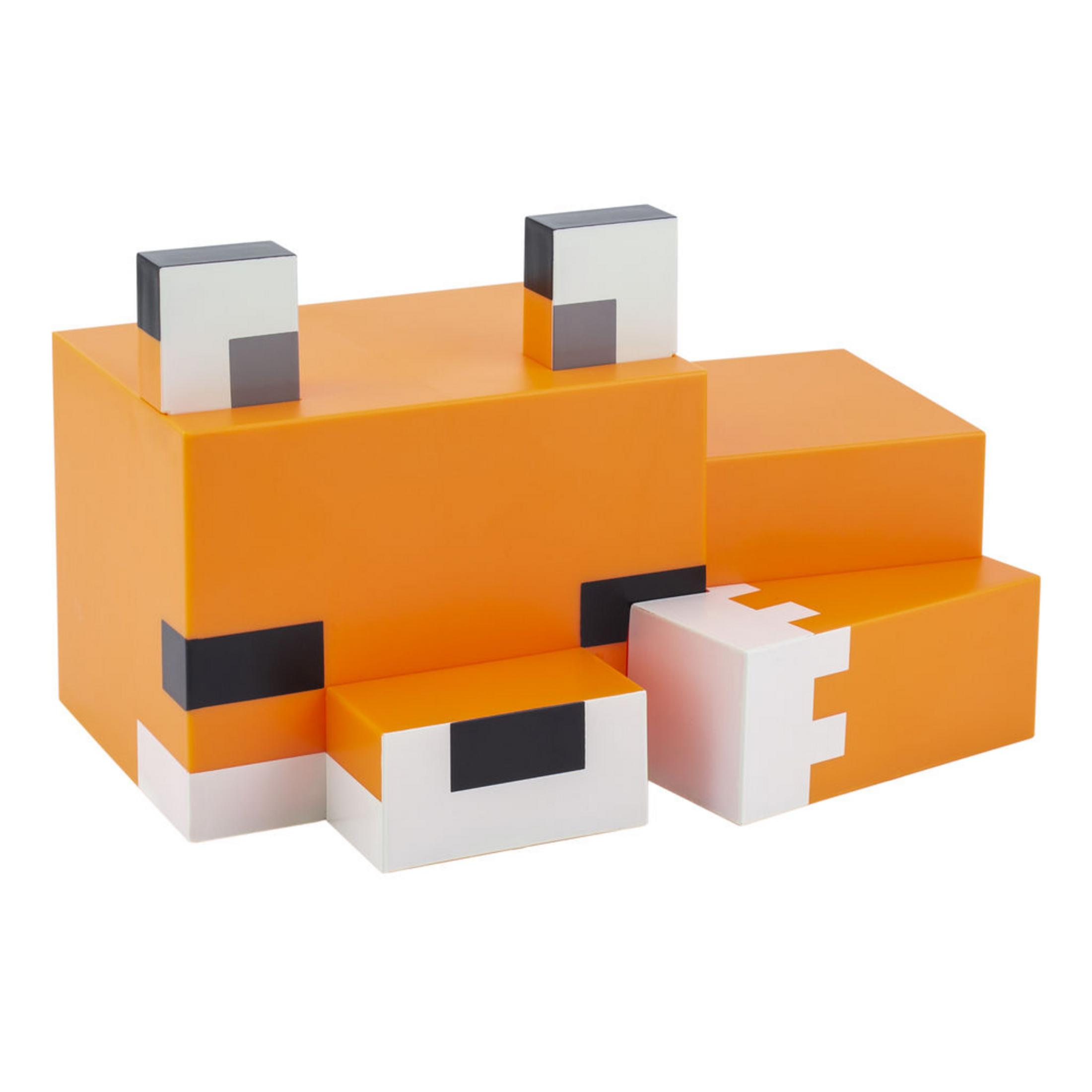 Eine Minecraft-Fuchsfigur aus orangefarbenen, weißen und schwarzen Blöcken, isoliert auf einem weißen Hintergrund.