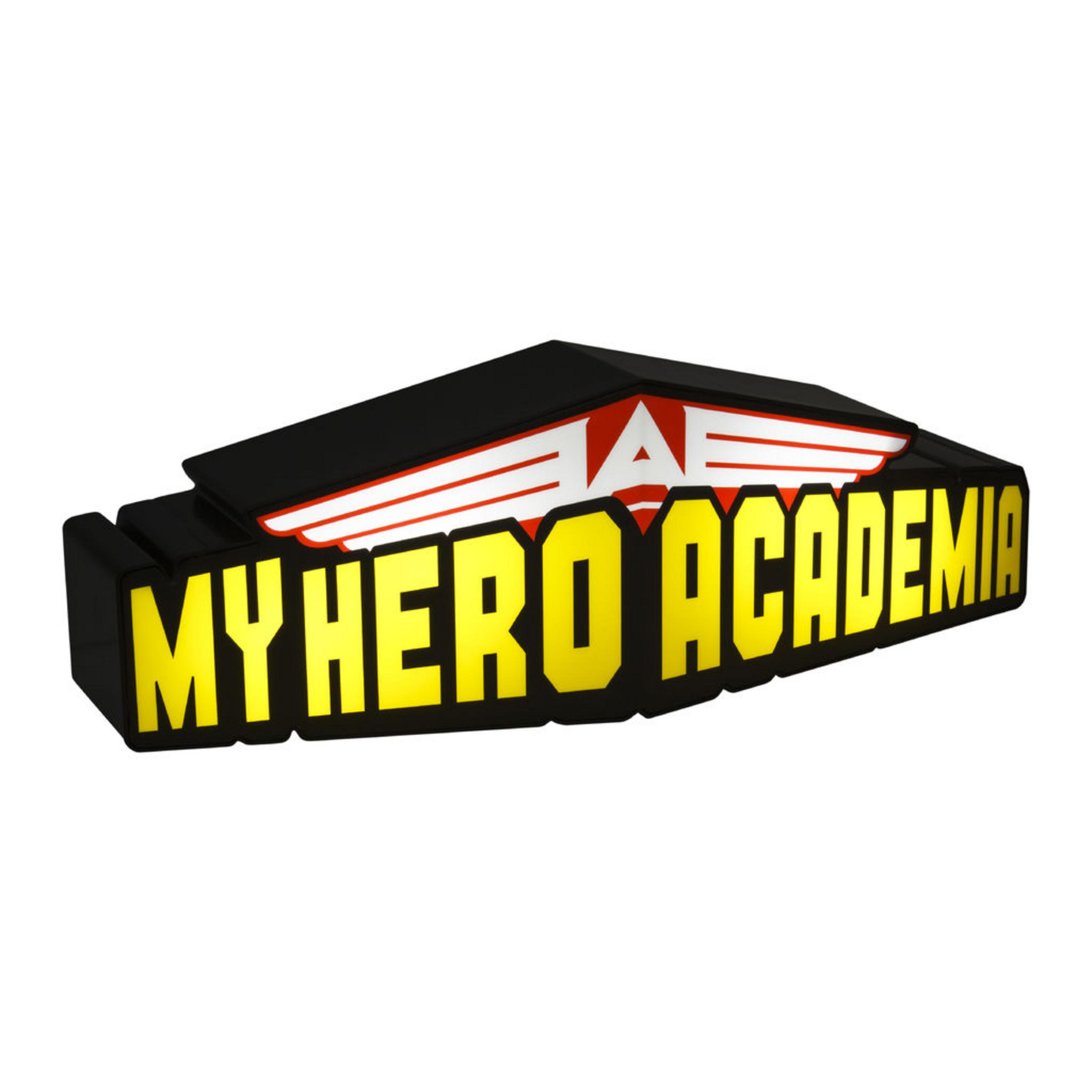 "My Hero Academia"-Logo mit gelbem Text und rot-weißem Symbol auf weißem Hintergrund.