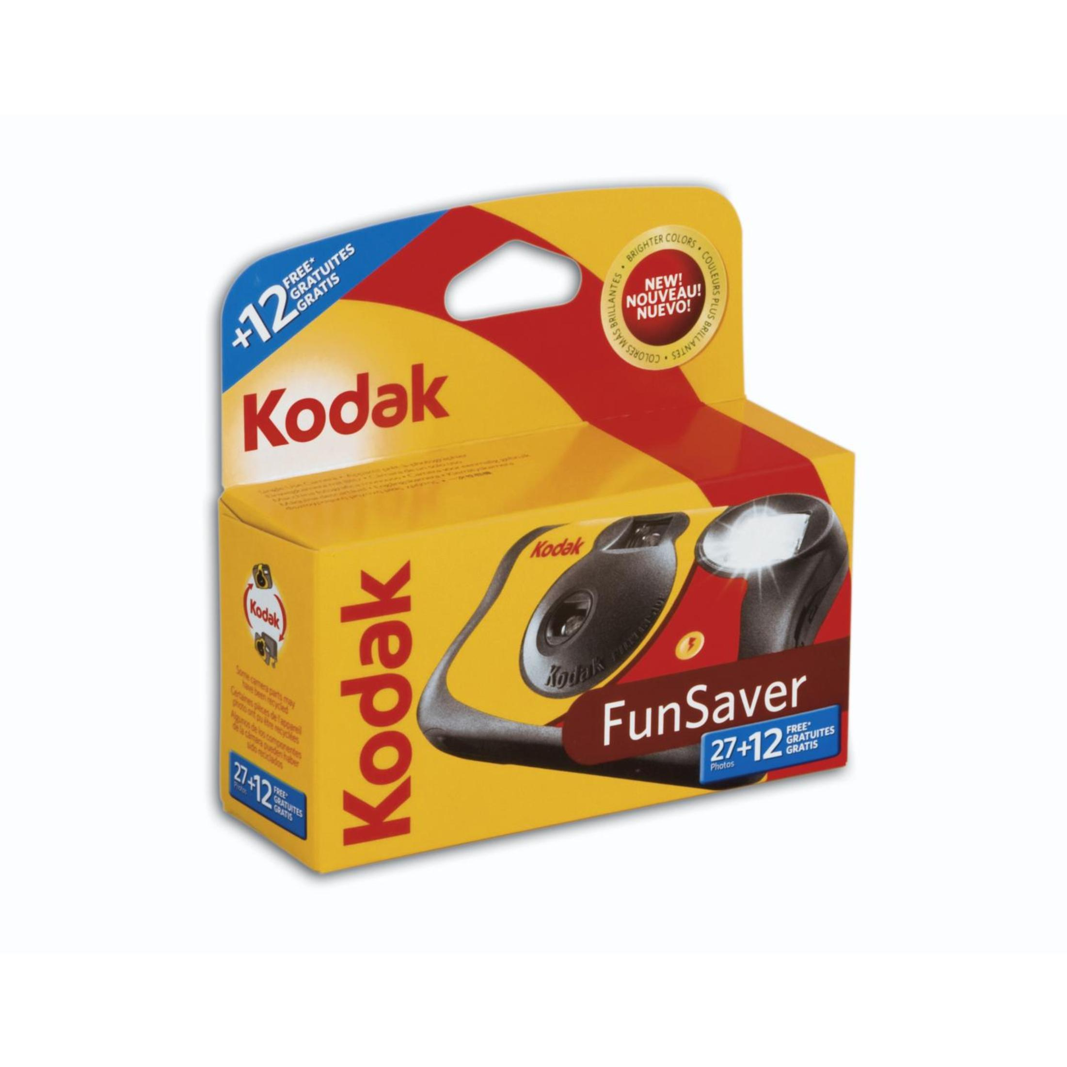Una cámara Kodak FunSaver en su embalaje, con texto en inglés y francés.
