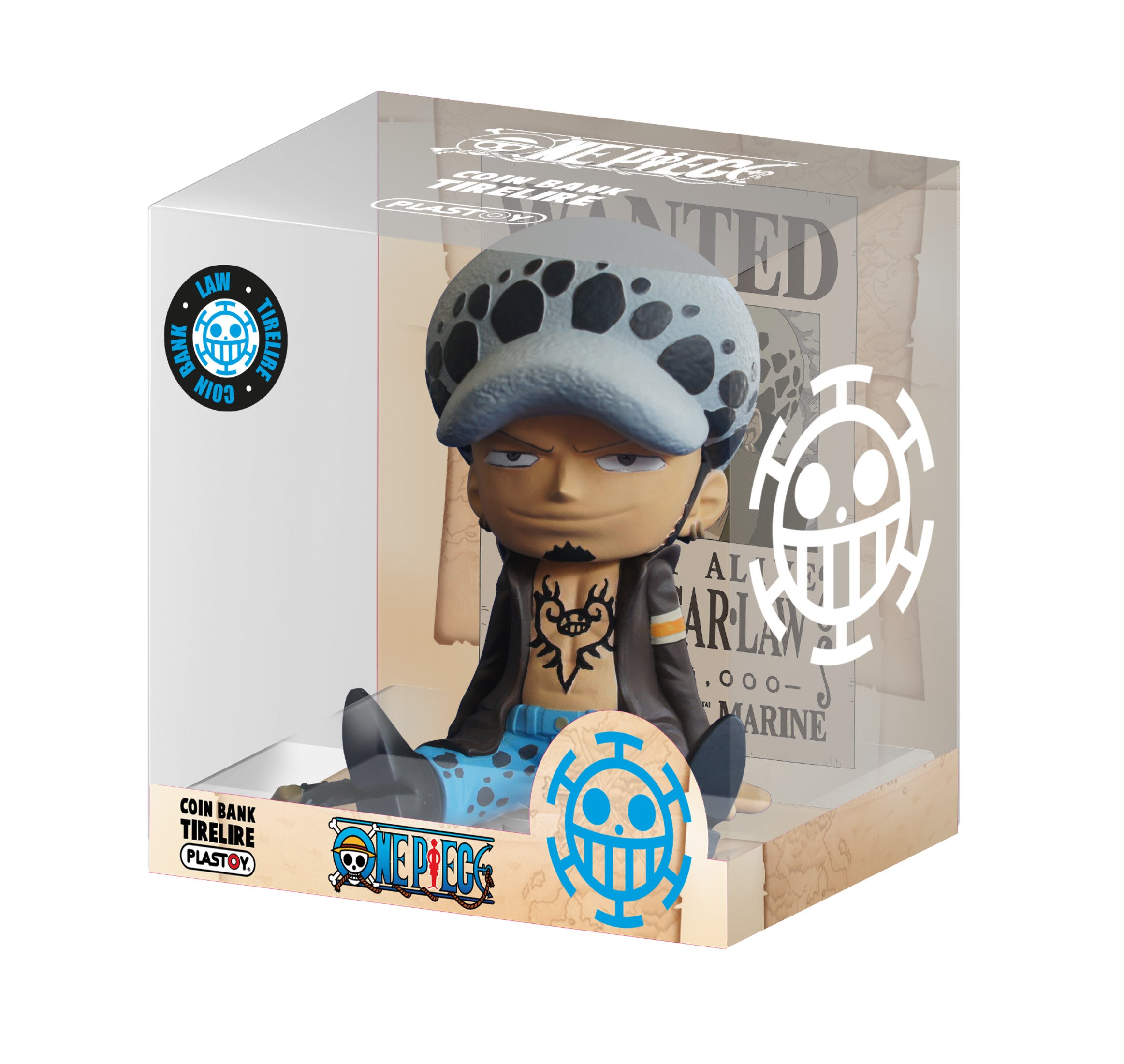 Hucha de One Piece Trafalgar Law en caja. La figura tiene tatuajes, un sombrero blanco y pantalones azules.