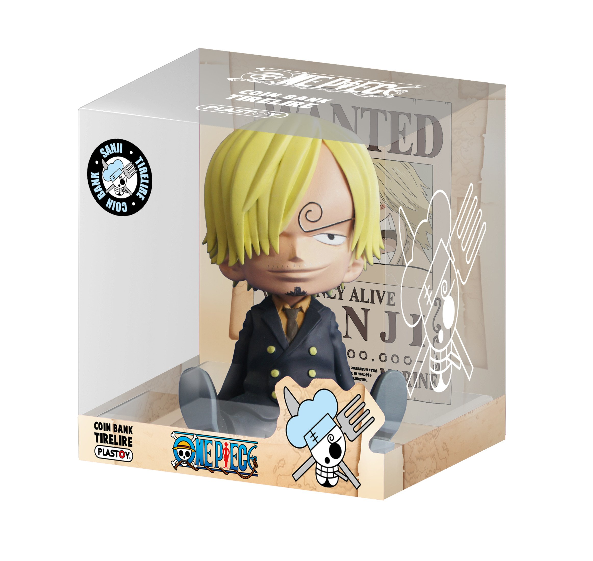 Hucha de One Piece Sanji en caja. La figura tiene cabello rubio y viste un traje negro.