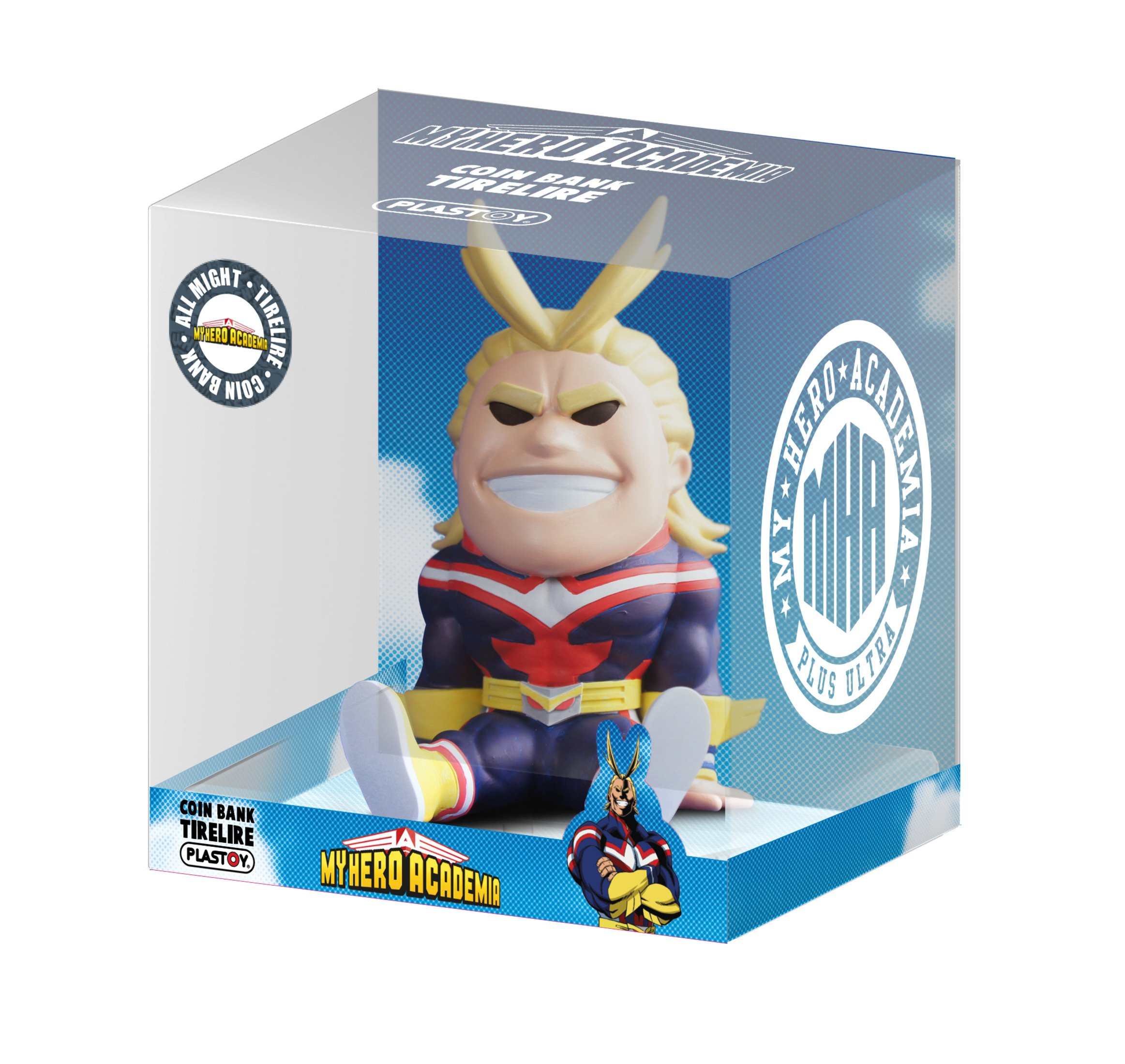Hucha de My Hero Academia All Might en caja. La figura tiene cabello rubio y un traje azul.