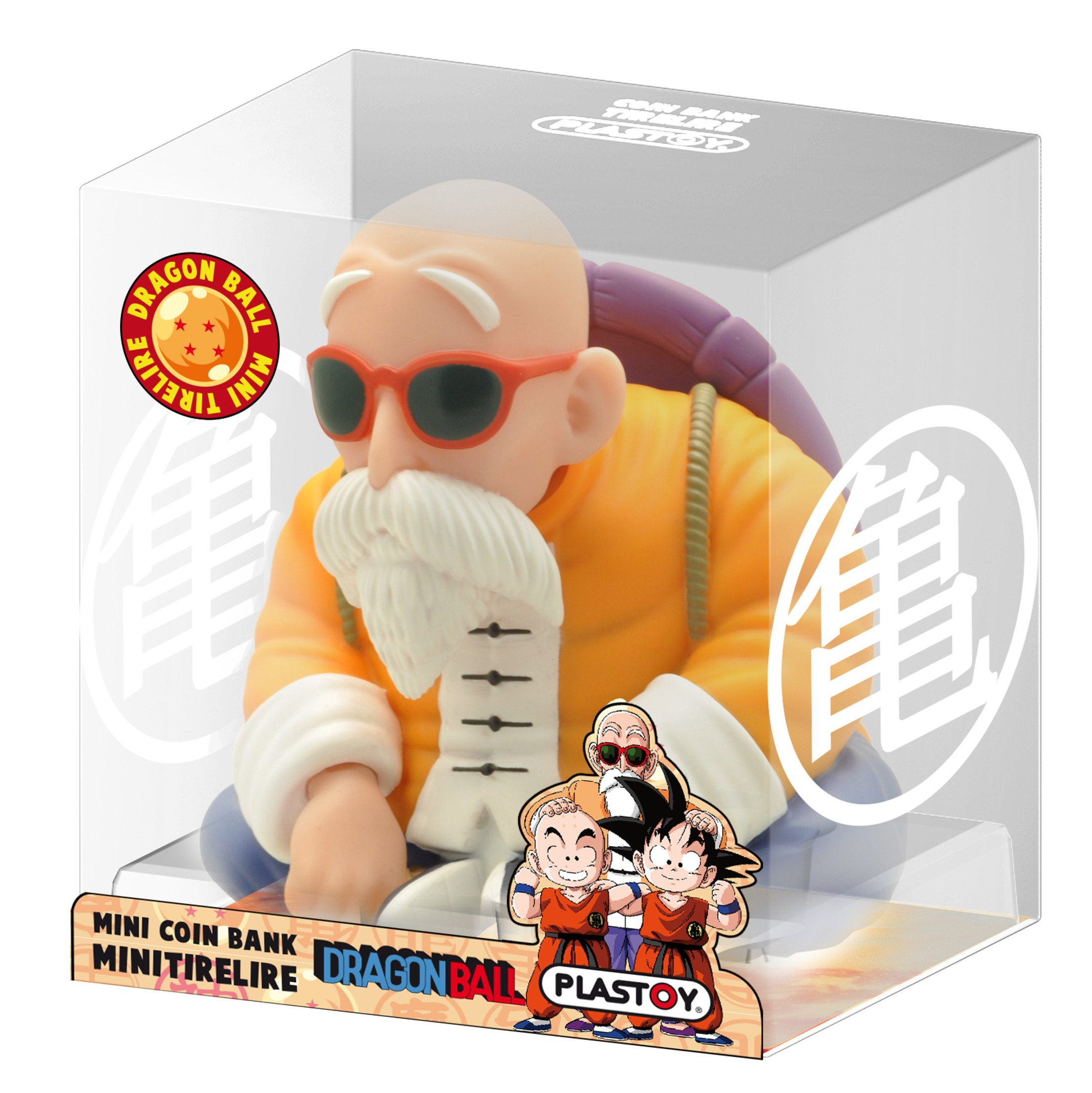 Dragon Ball Master Roshi Spardose in Box. Figur hat weißen Bart und Sonnenbrille.