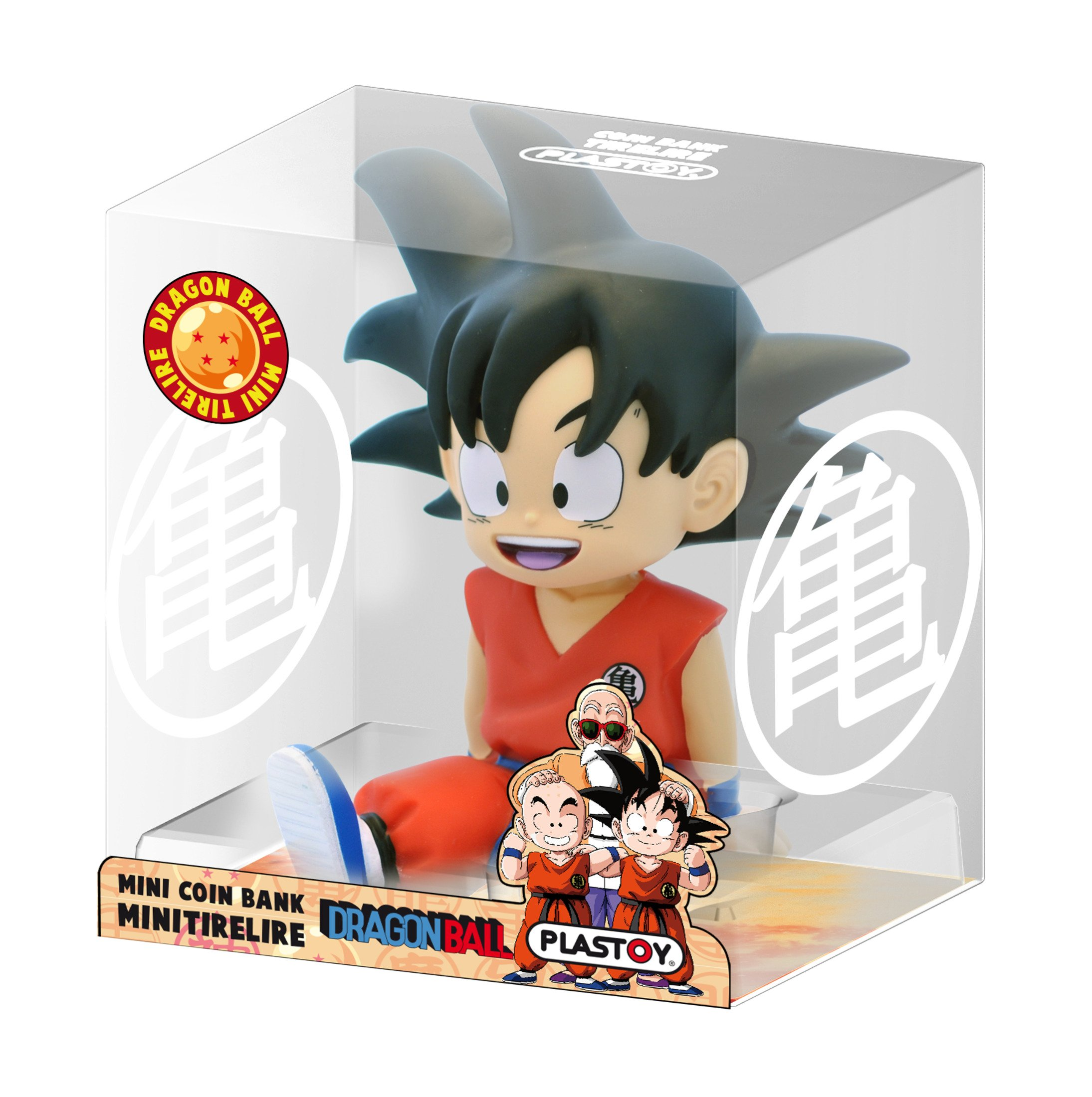 Figura de Goku en una caja transparente, con una pegatina de Dragon Ball. Figuras de dibujos animados.