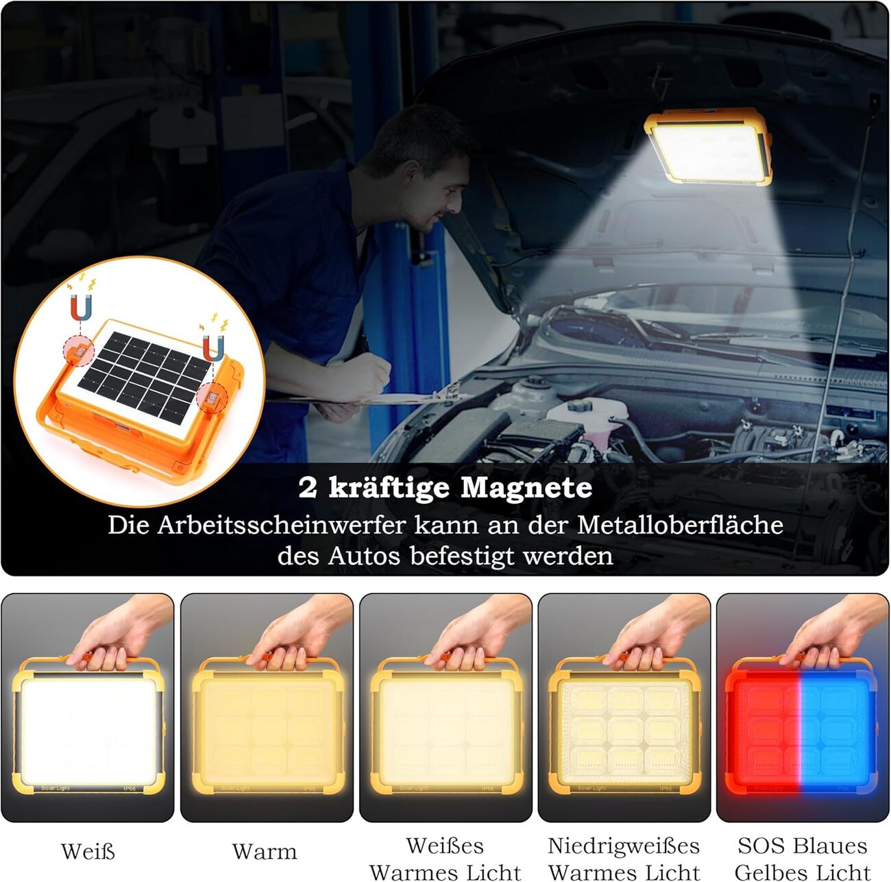 Se muestra una luz solar naranja con imanes en diferentes configuraciones de luz.