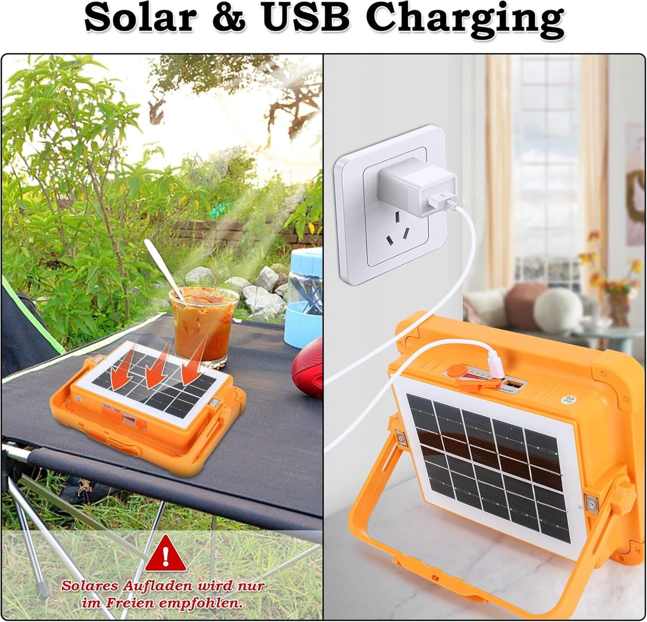 Se muestra una luz solar naranja cargándose mediante solar y USB.