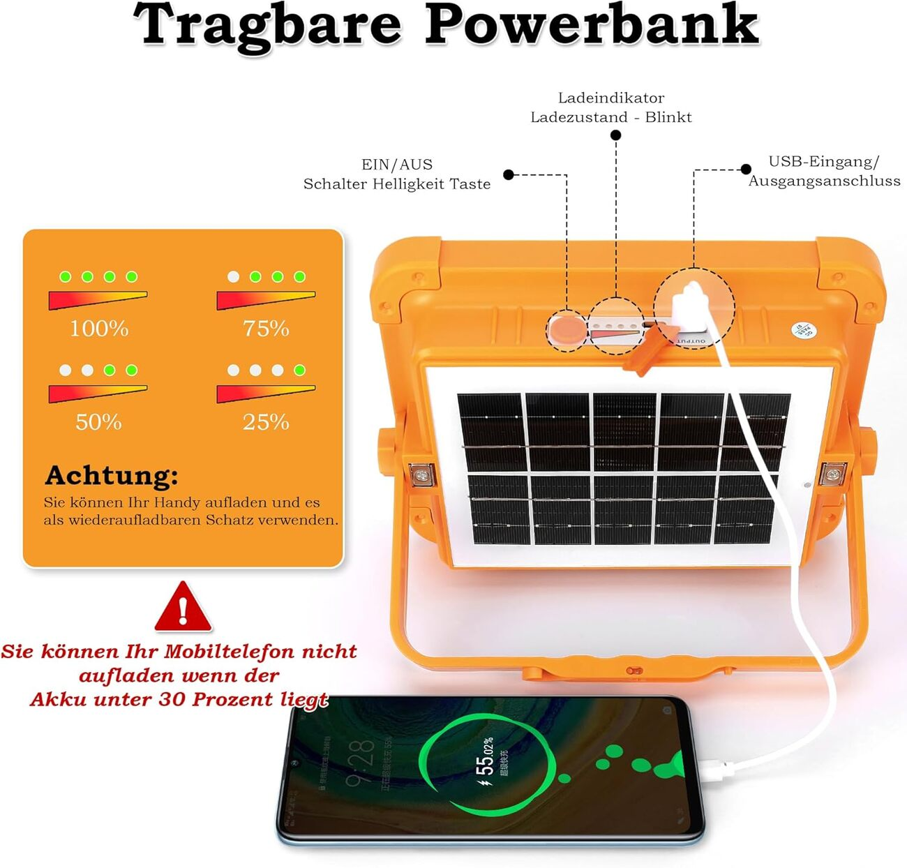 Una luz solar naranja está cargando un teléfono y muestra los niveles de batería.