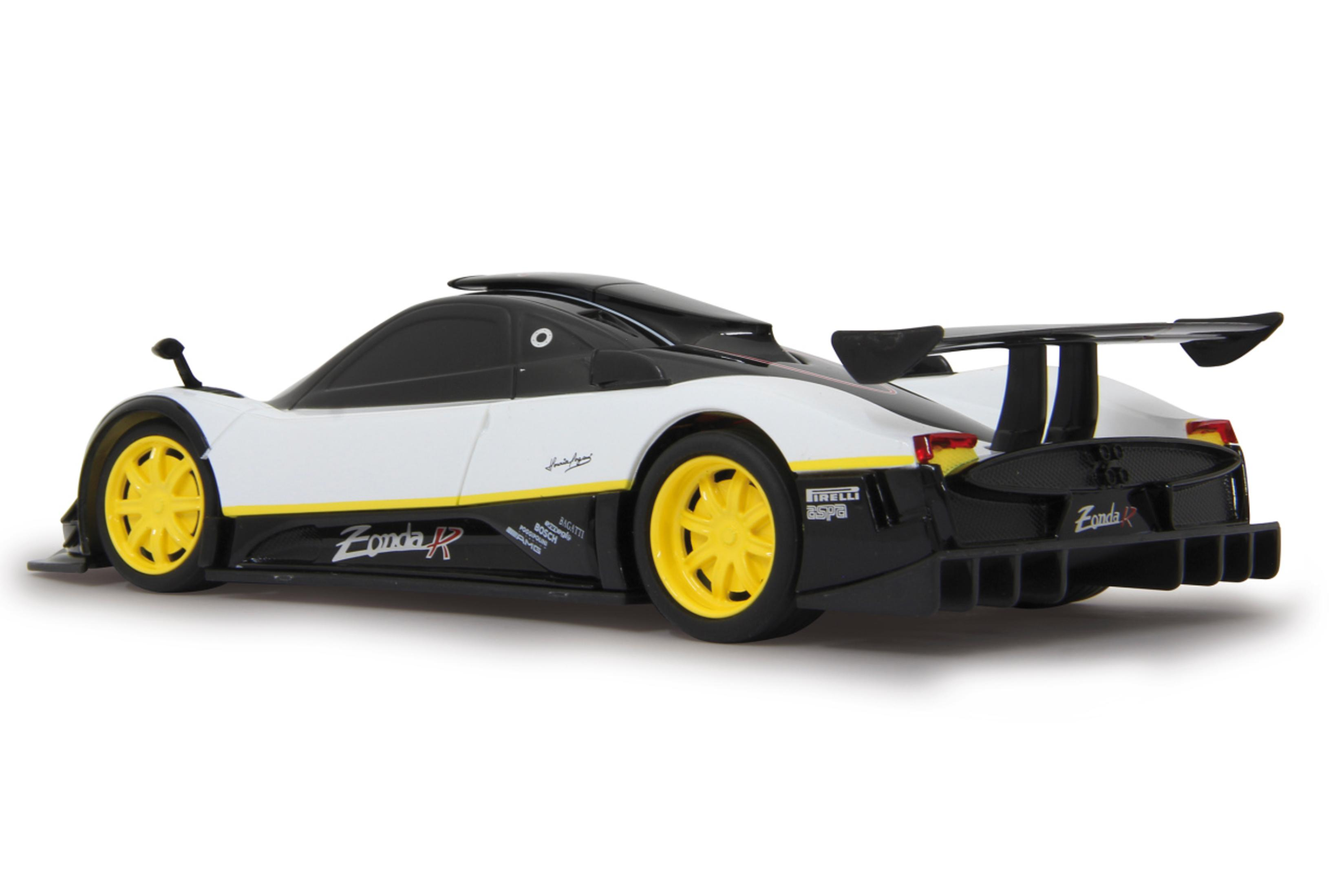 Rückansicht eines weißen und schwarzen Pagani Zonda R Spielzeugautos mit gelben Rädern.
