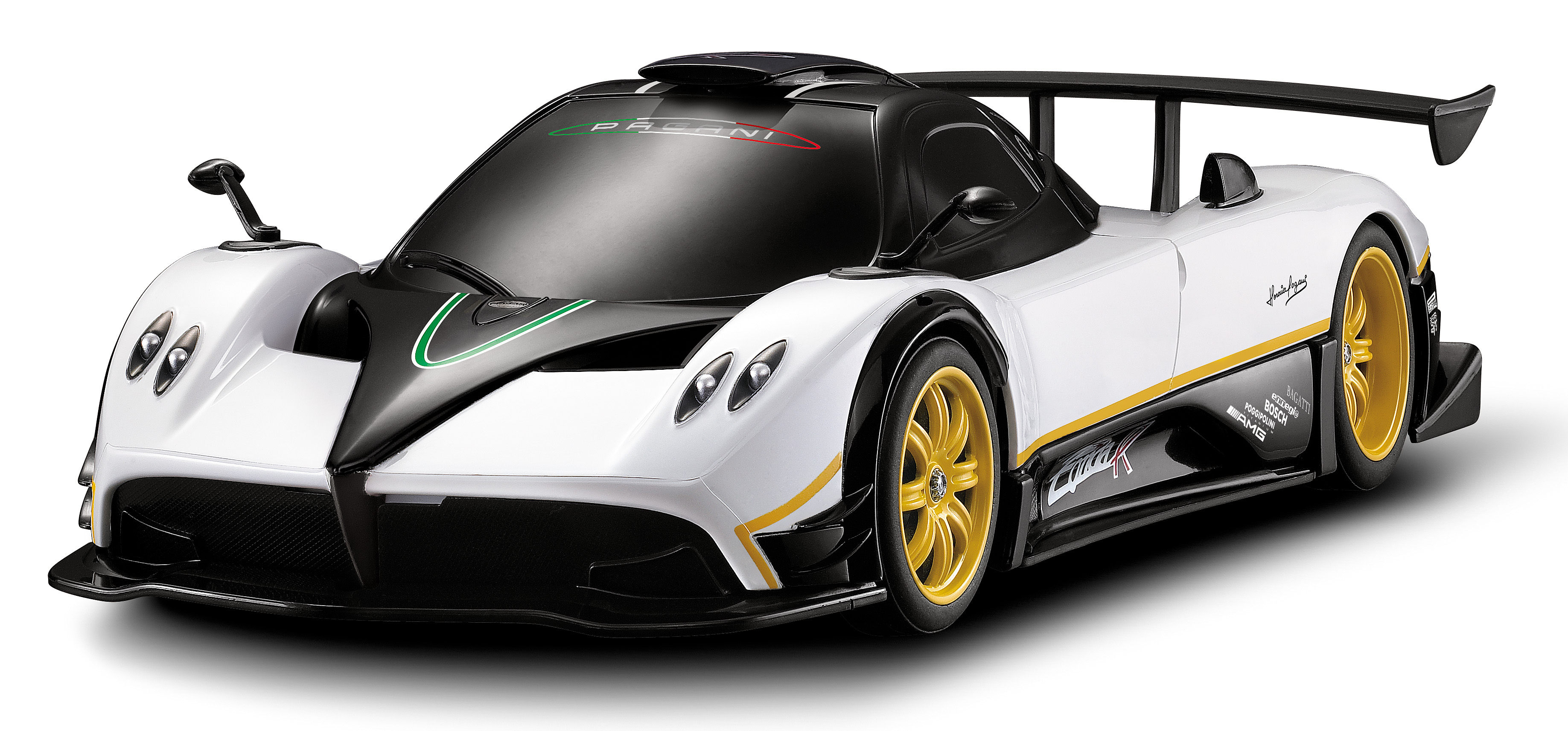 Vorderansicht eines weißen Pagani Zonda R Spielzeugautos mit gelben Rädern. Schwarz-grüne Details.
