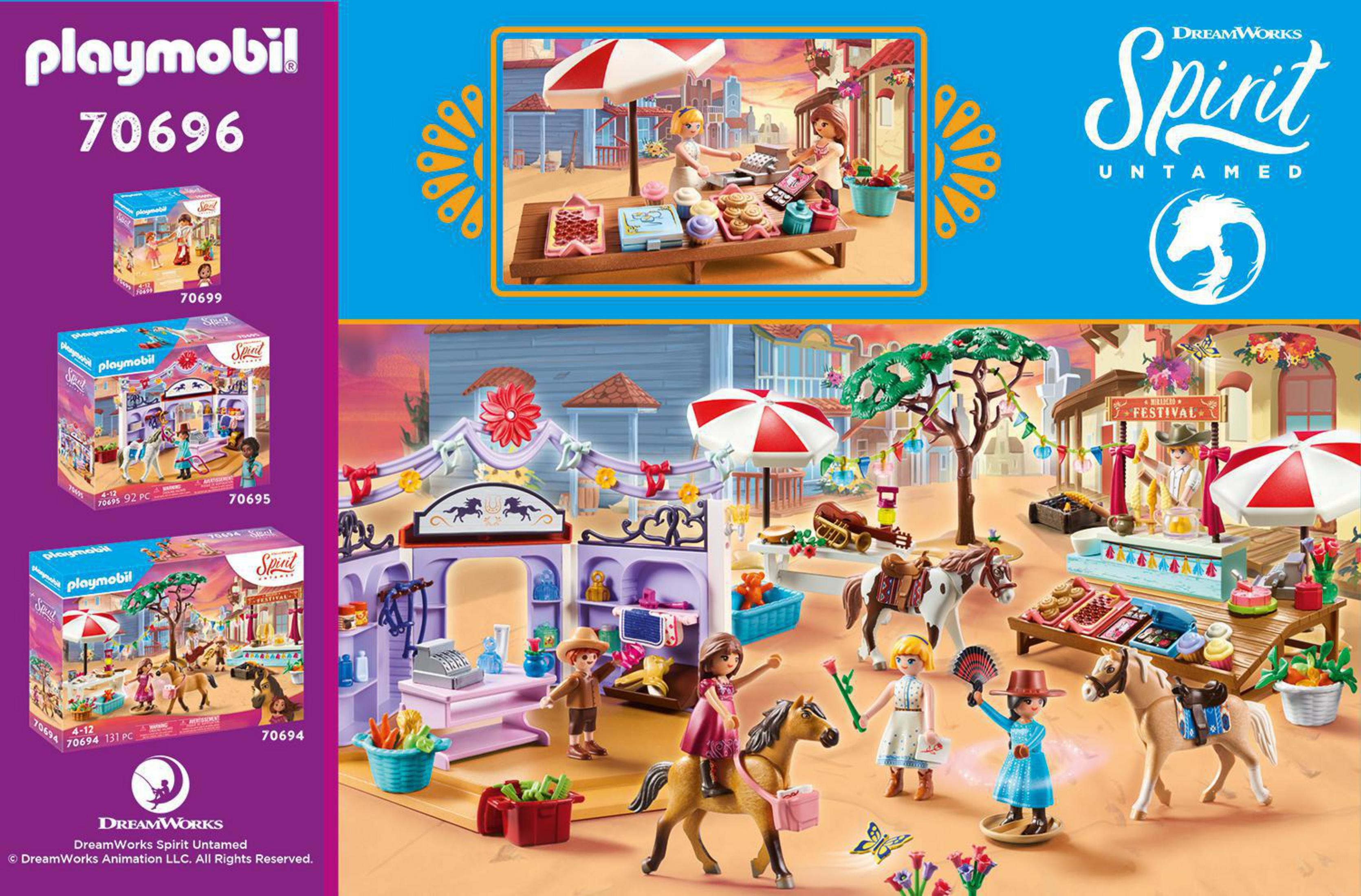Caja de Playmobil con caballos, personas y puestos de mercado. Otras cajas de Playmobil al fondo.