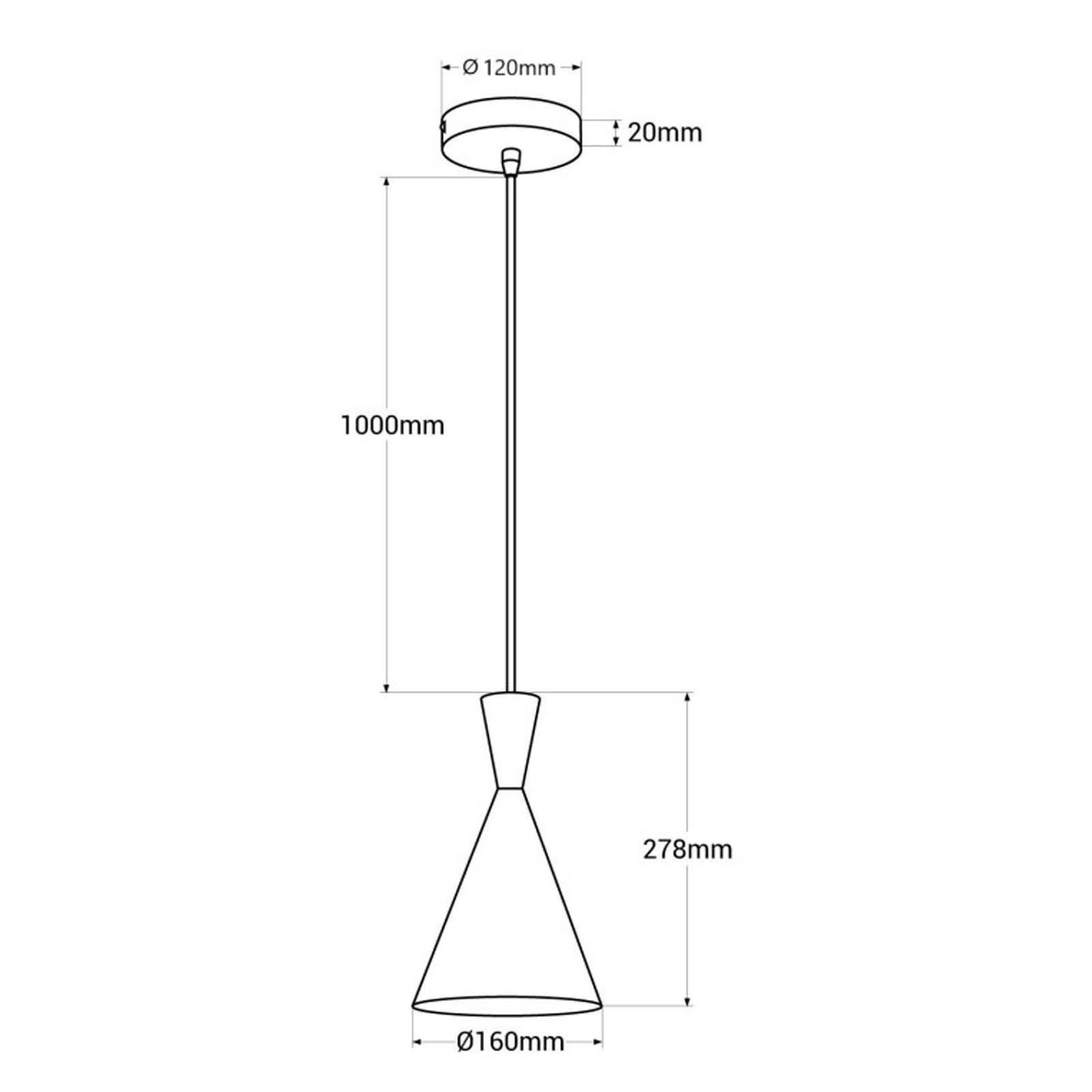 Un diagrama muestra las dimensiones de una lámpara colgante.