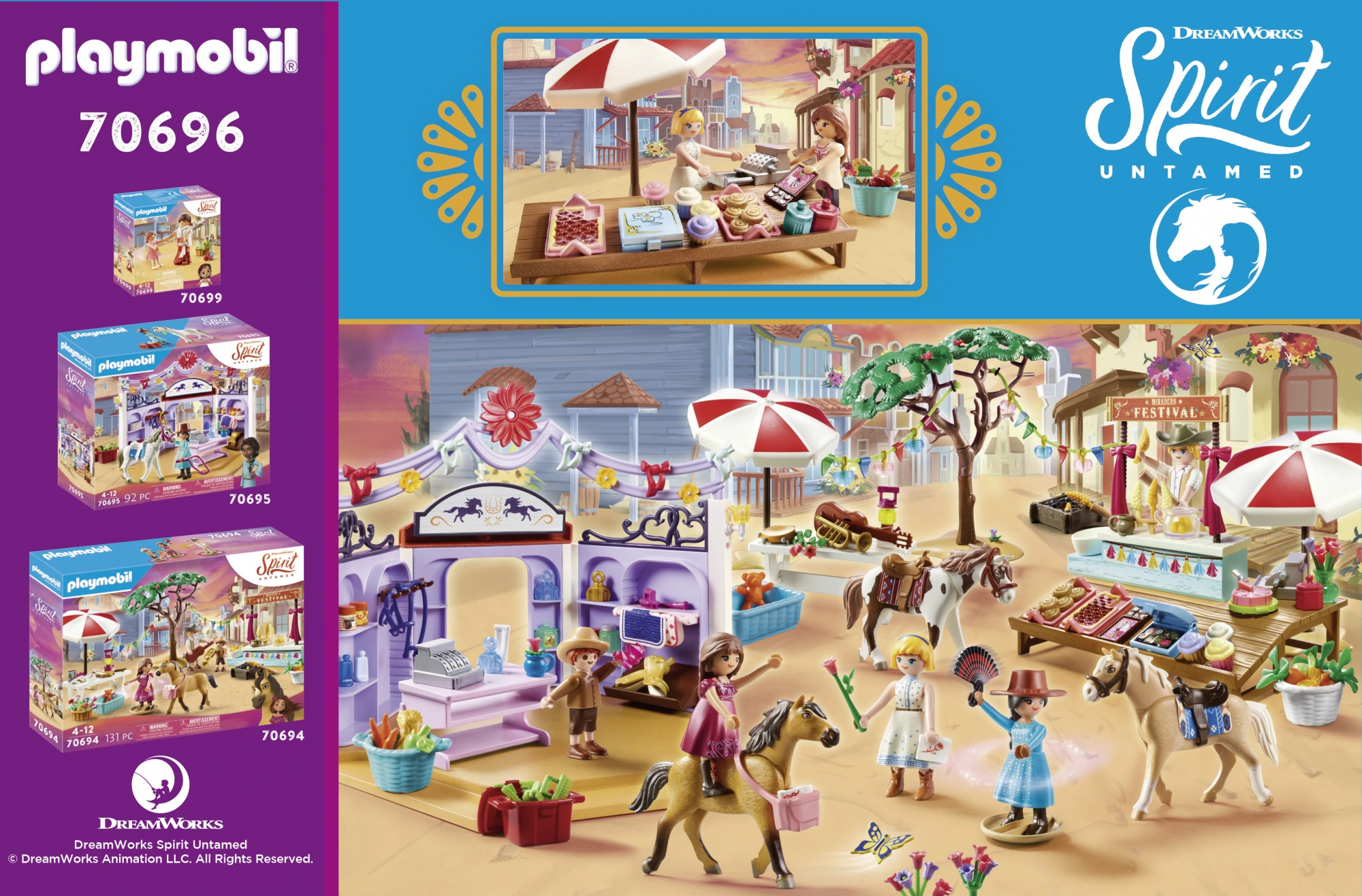 El set de Playmobil muestra un mercado municipal con figuras, caballos, golosinas y edificios en un estilo brillante e ilustrativo.