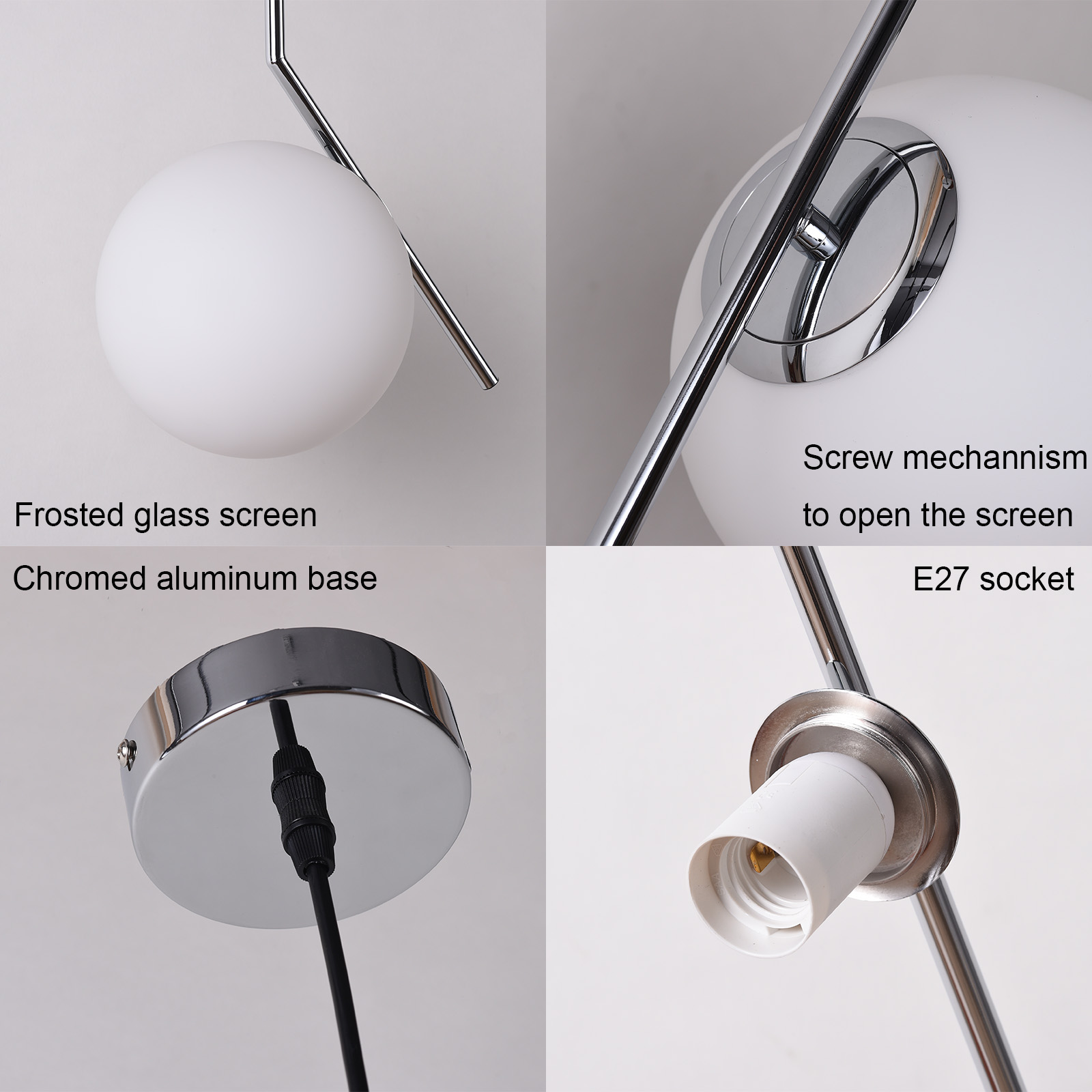 Un collage muestra partes de una lámpara colgante, incluyendo una pantalla de vidrio esmerilado y una base de aluminio cromado.