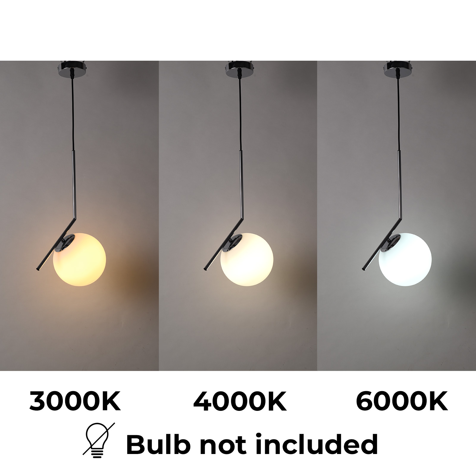 Se muestran tres lámparas colgantes con pantallas esféricas con diferentes temperaturas de color: 3000K, 4000K y 6000K.