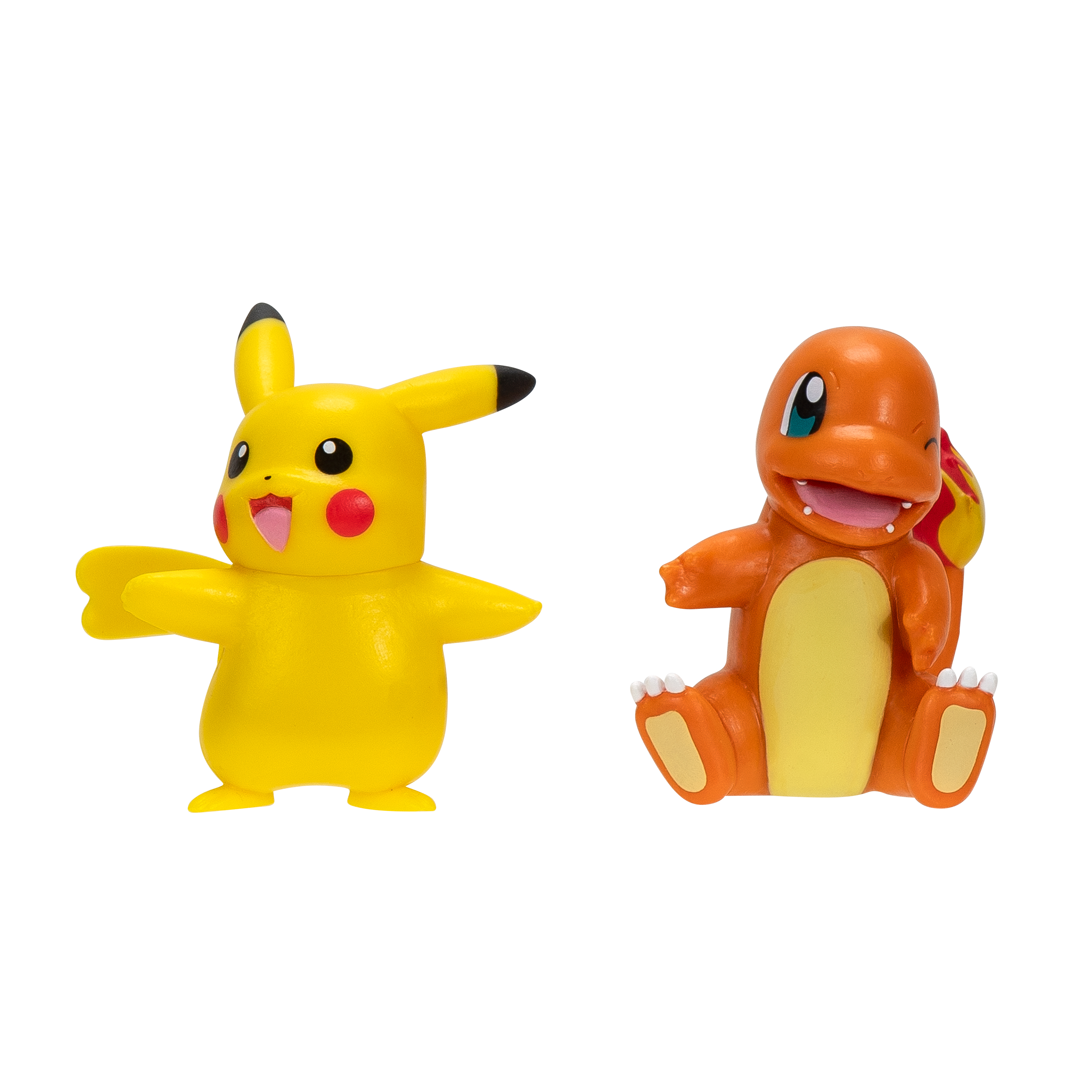 Pikachu- und Charmander-Figuren, Pikachu ist gelb, Charmander ist orange, beide auf weißem Hintergrund.