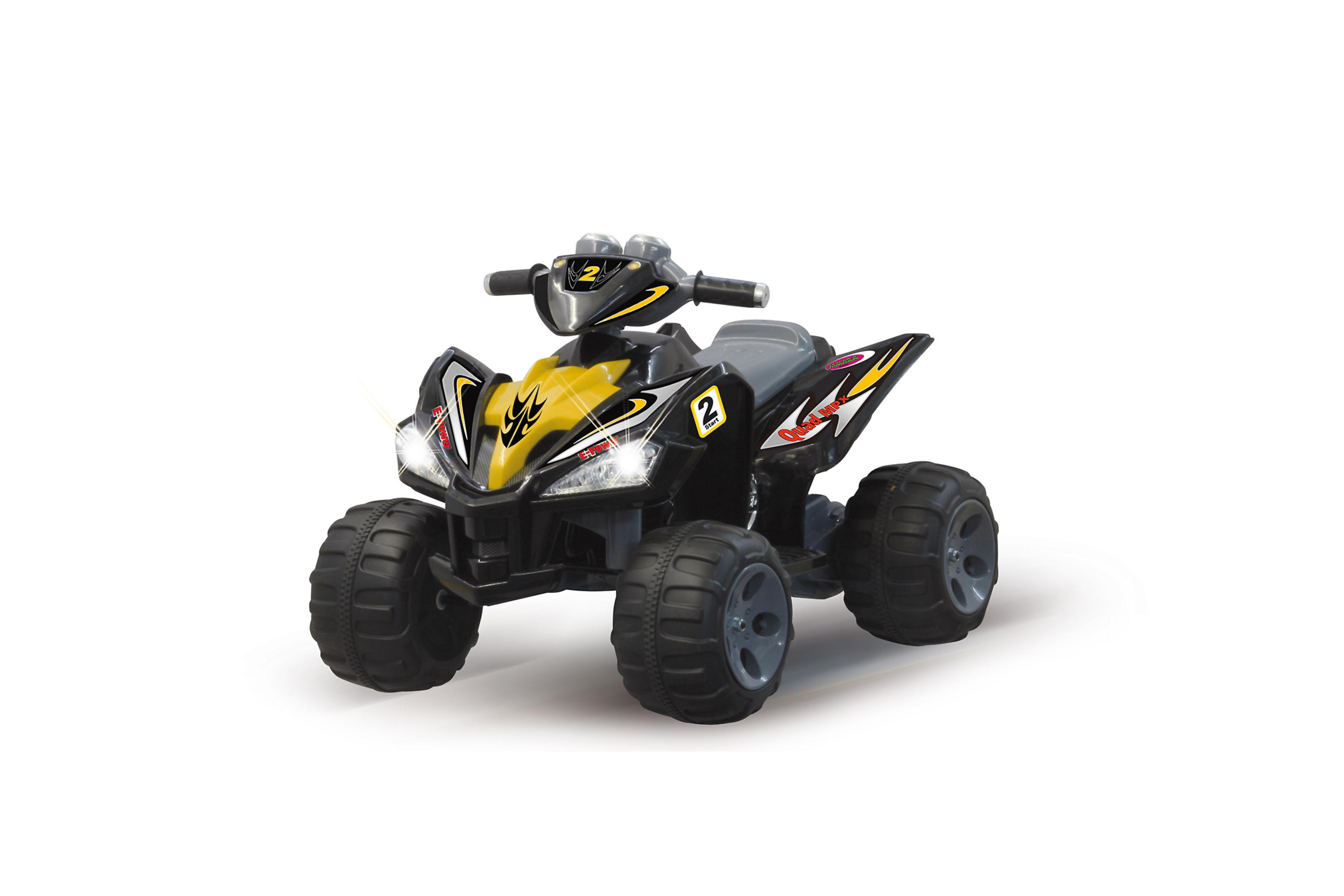Ein schwarzes und gelbes Spielzeug-ATV mit Scheinwerfern wird auf einem weißen Hintergrund dargestellt.