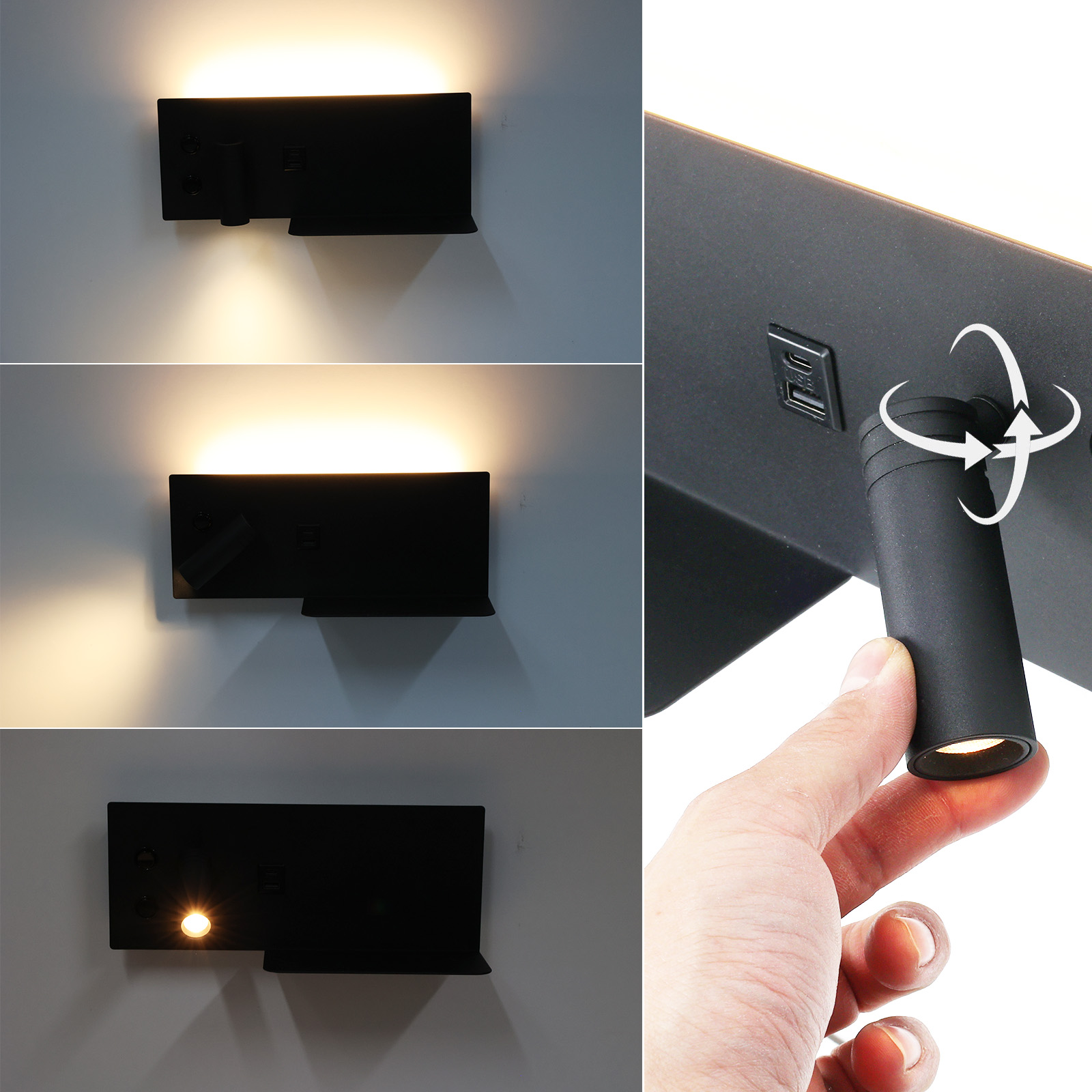 Collage que muestra una lámpara de pared negra con foco ajustable, puertos USB y un estante sobre un fondo blanco.