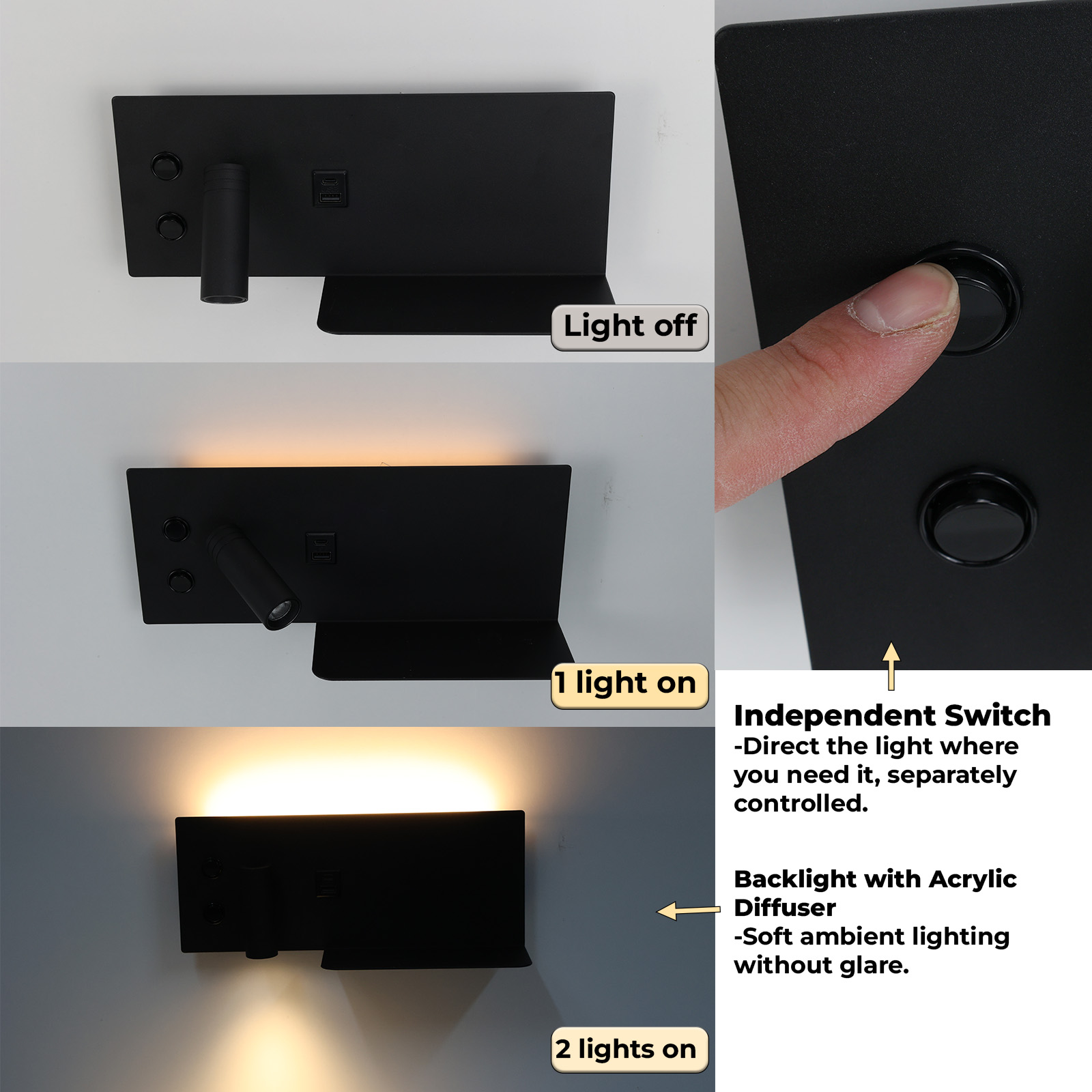 Collage que muestra una lámpara de pared negra con ajustes de luz controlados por interruptores y retroiluminación con difusor acrílico.