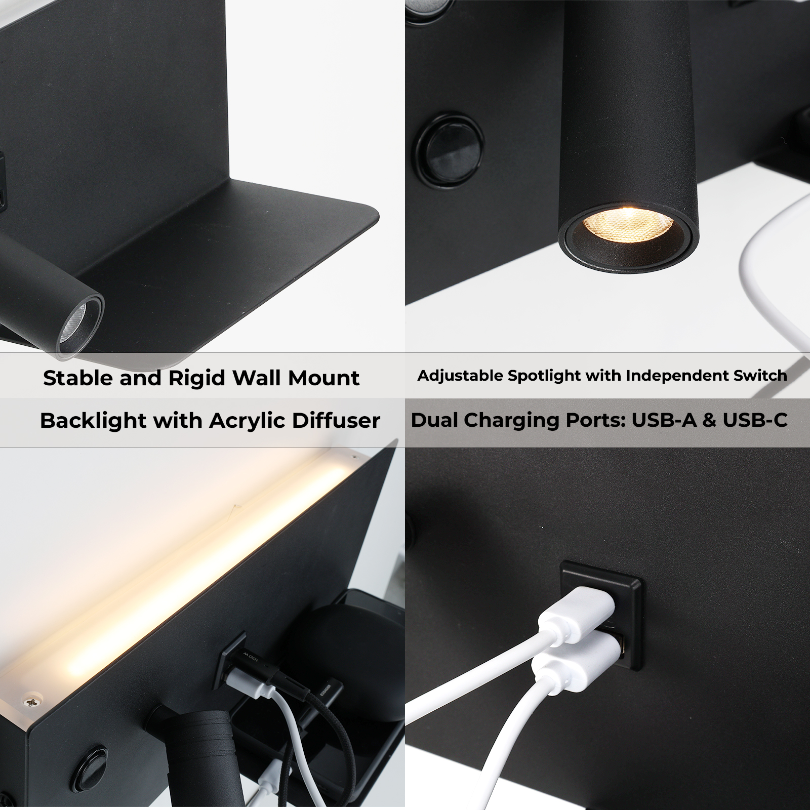 Collage que muestra las características de una lámpara de pared negra: montaje en pared, foco, retroiluminación y puertos de carga USB-A y USB-C.
