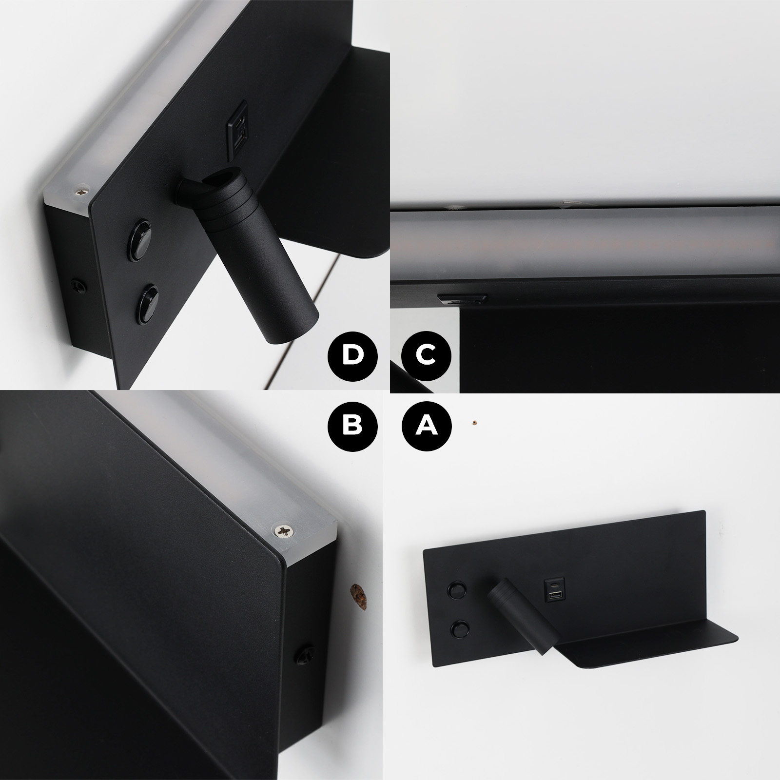 Collage que muestra una lámpara de pared negra con foco, puertos USB y un estante sobre un fondo blanco desde diferentes ángulos.