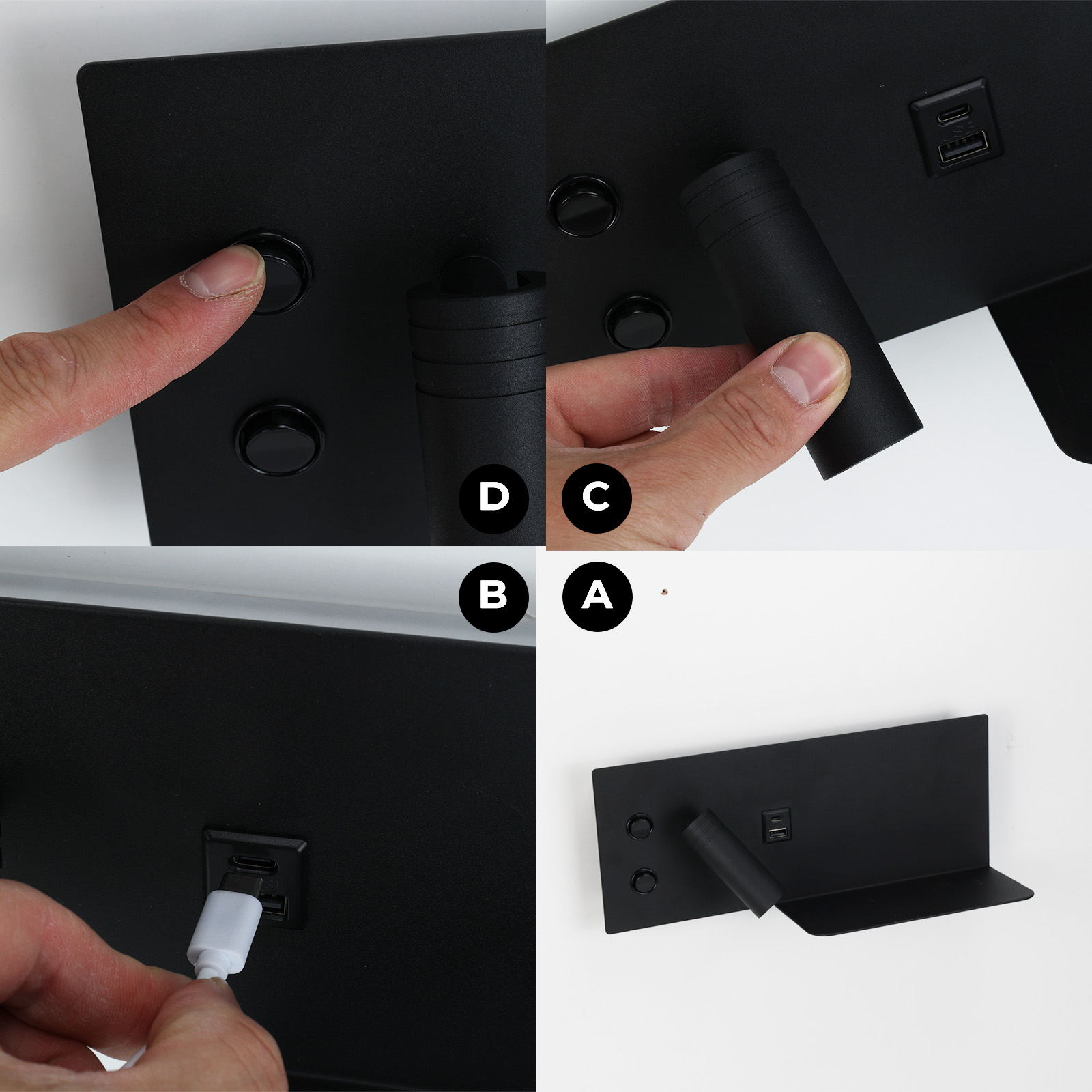 Collage que muestra las características de una lámpara de pared negra: interruptor independiente, puertos USB, foco ajustable y montaje en pared.
