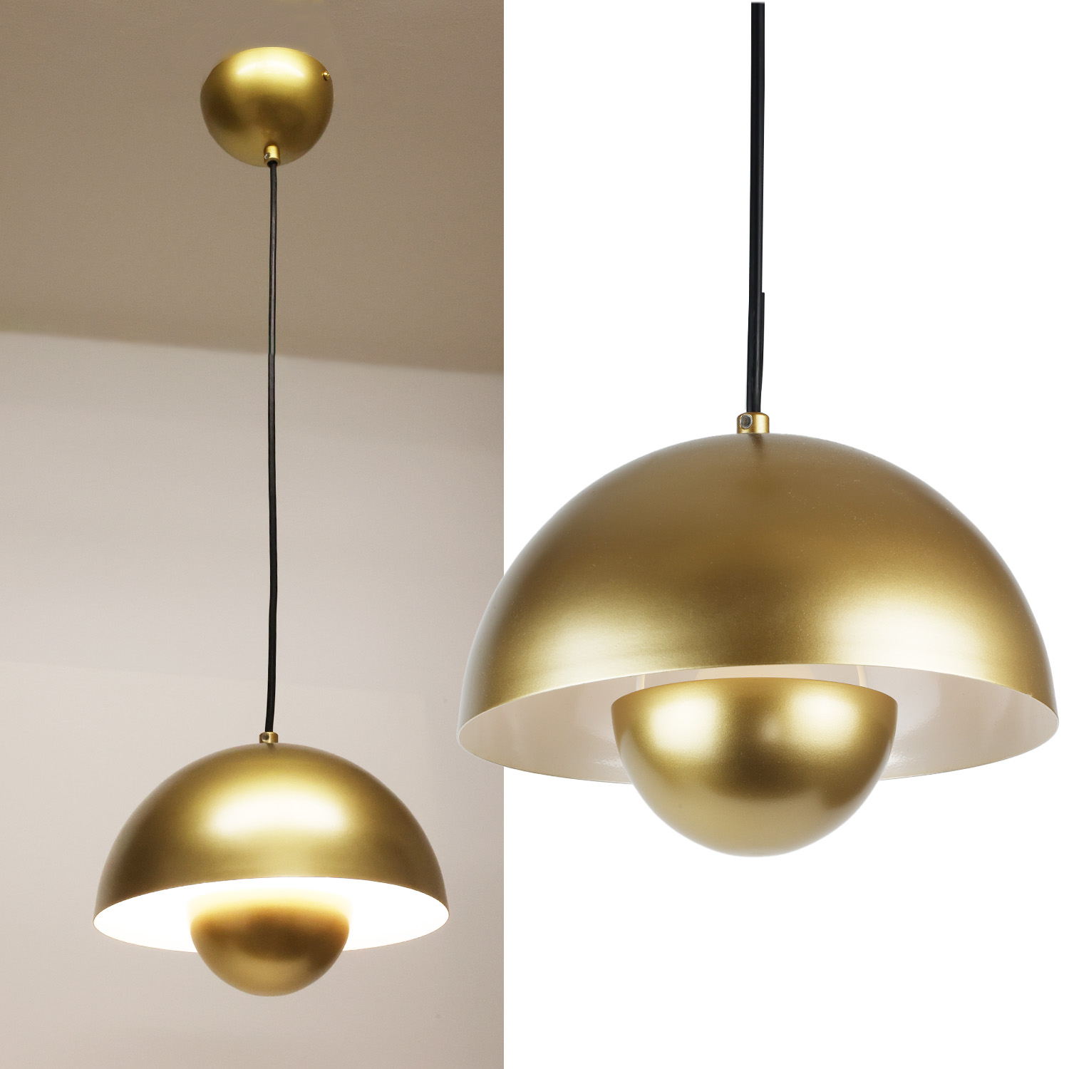 Una lámpara colgante de color dorado con forma de cúpula, que cuelga de un cordón negro sobre un fondo blanco y una pared.