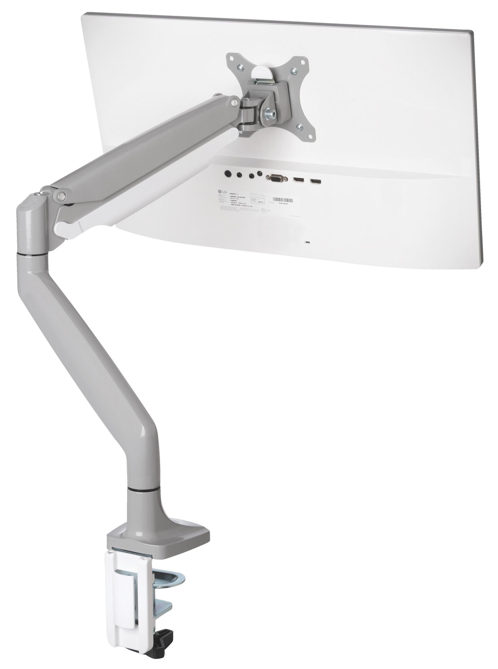 Ein grauer Monitorarm ist an einem weißen Monitor befestigt, der auf einer weißen Oberfläche montiert ist.