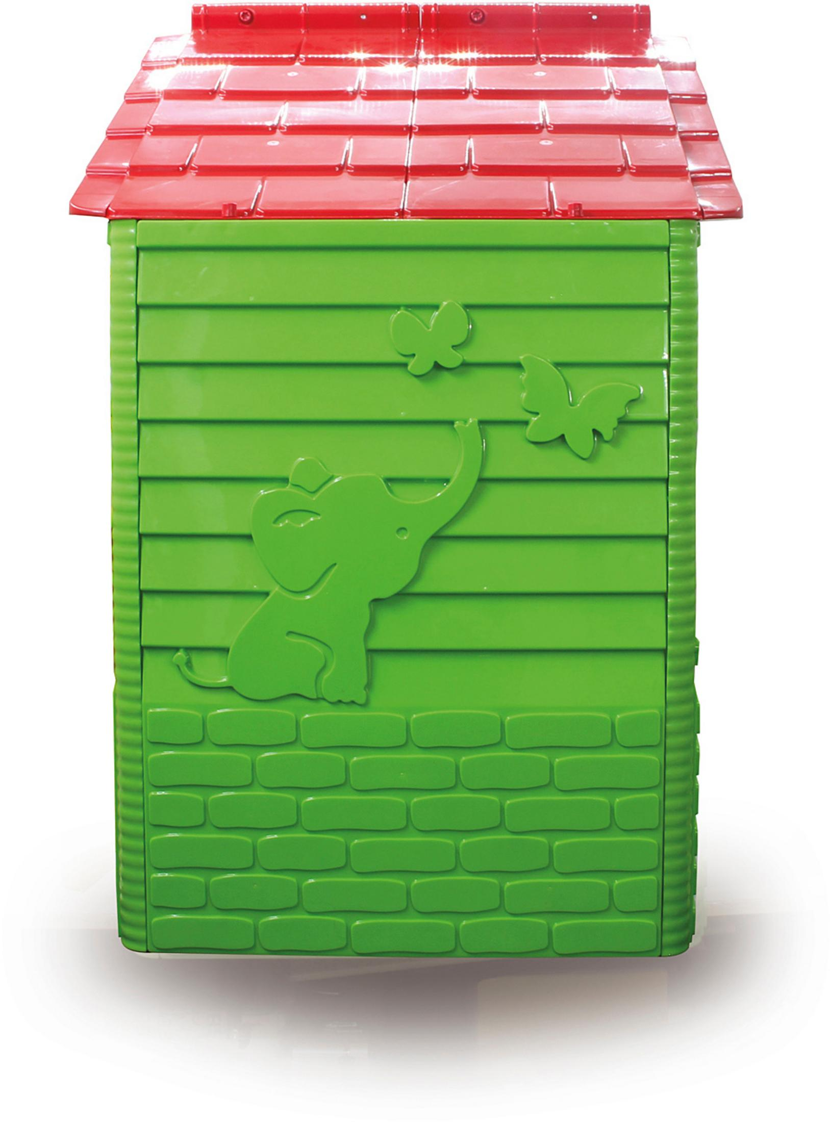 Eine grüne und rote Spielhaus-Seitenansicht mit einem Elefanten- und Schmetterlingsdesign auf einem weißen Hintergrund.