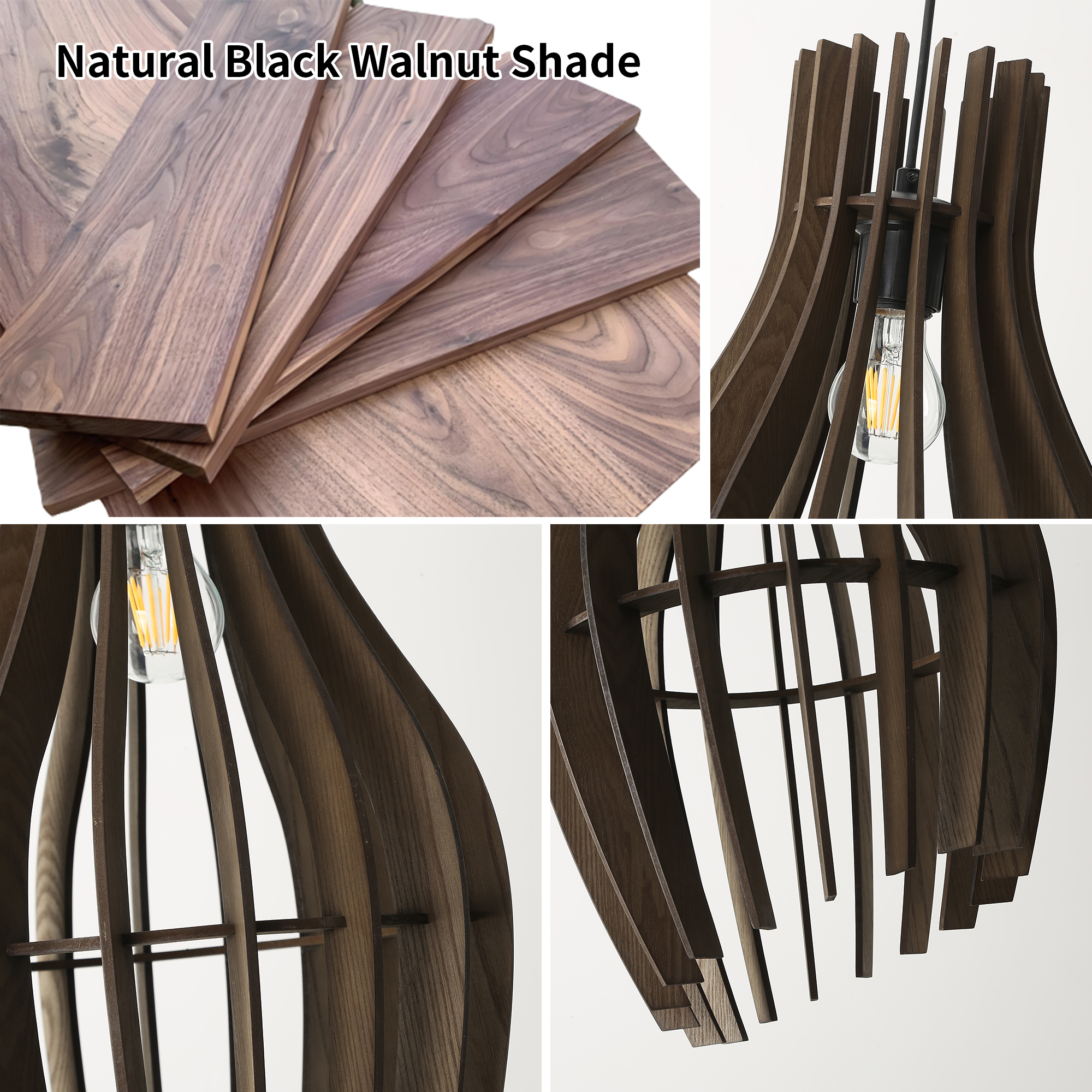 El collage muestra detalles de una lámpara colgante de nogal negro natural, incluidos primeros planos de la veta de la madera y la construcción.