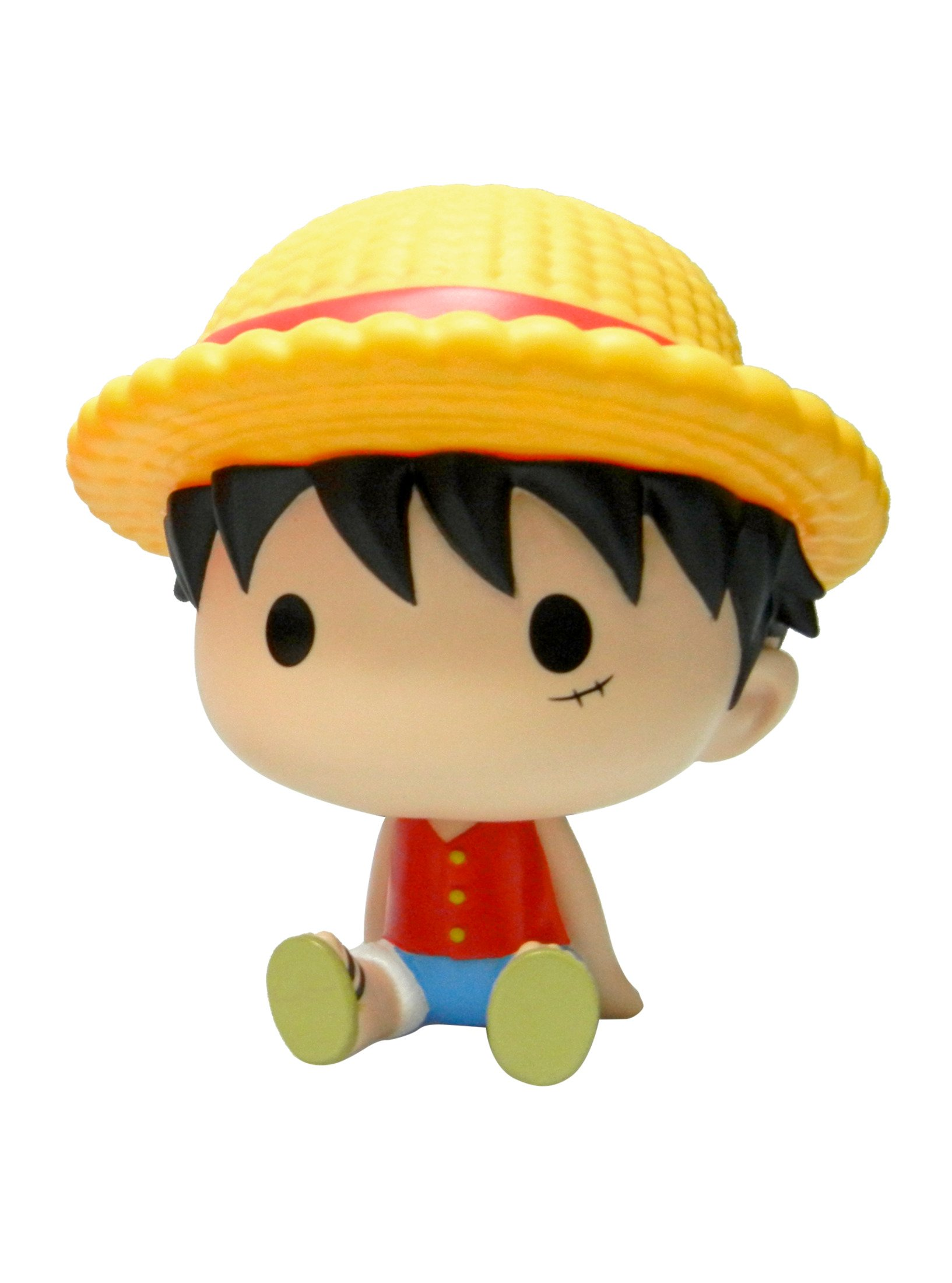 Eine Cartoonfigur mit Strohhut, roter Weste und blauen Shorts sitzt isoliert da.
