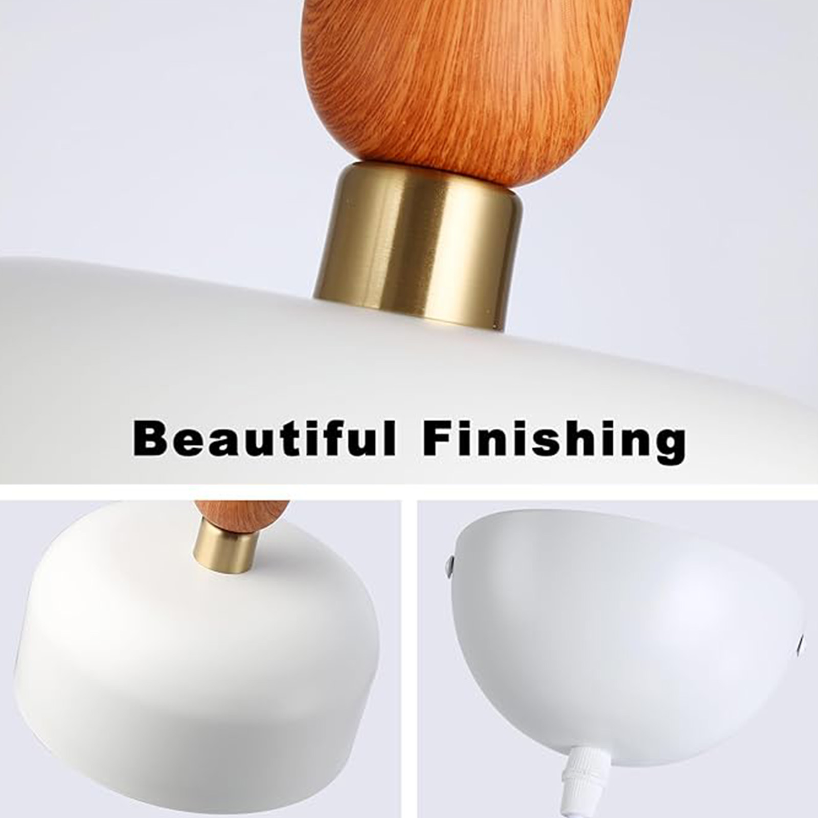 Primeros planos de una lámpara colgante que muestran la parte superior de madera, el detalle de latón y la pantalla blanca.