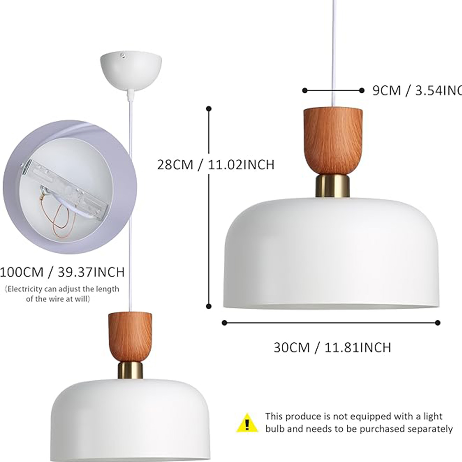 Diagrama de una lámpara colgante que muestra dimensiones y características, incluyendo una parte superior de madera y una pantalla blanca.