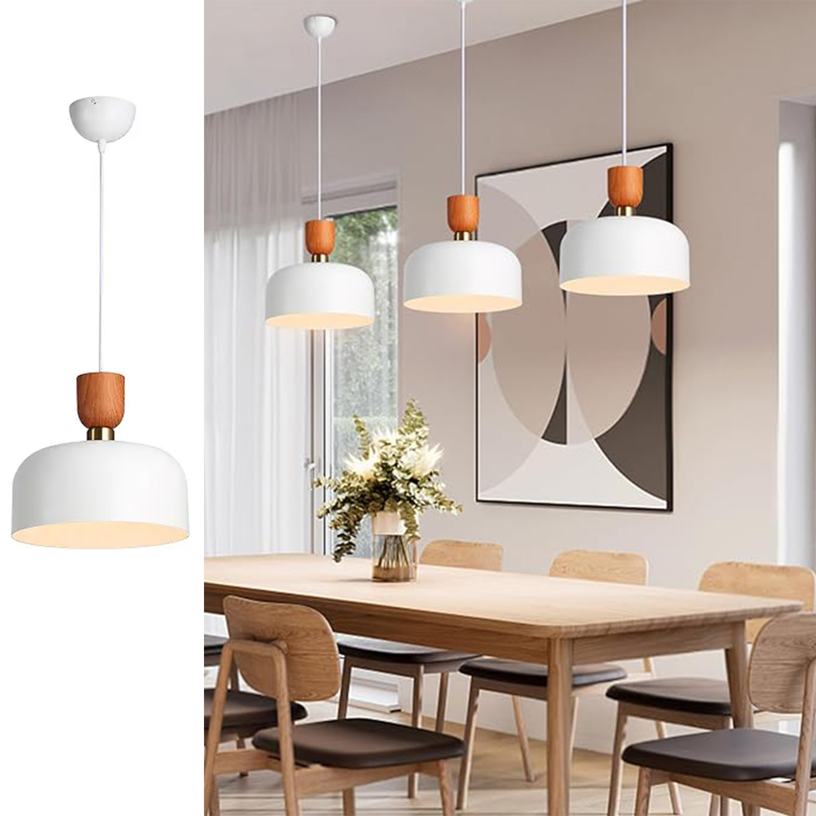 Un comedor con mesa y sillas de madera, tres lámparas colgantes encima y una pintura en la pared.