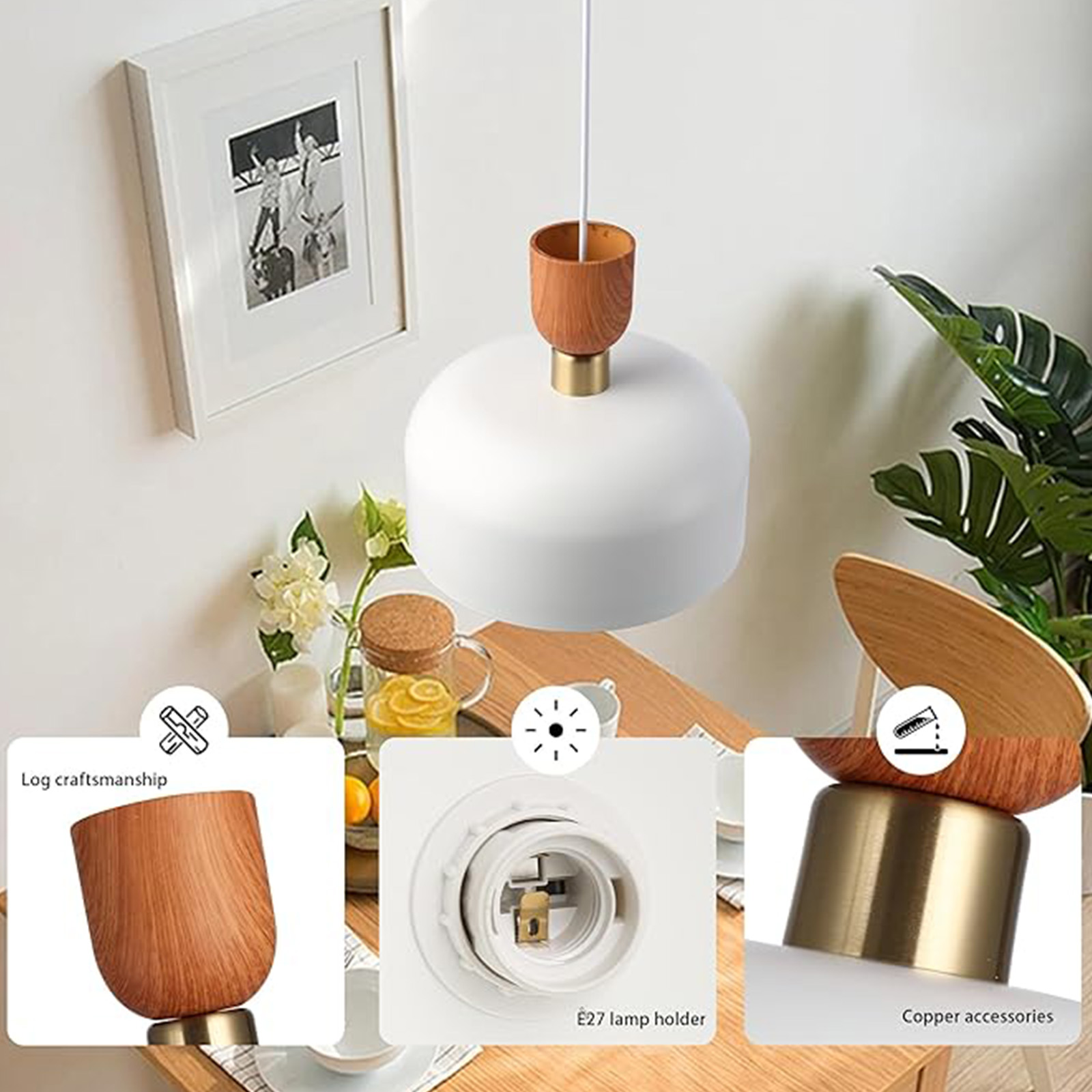 Primeros planos que muestran los detalles de una lámpara colgante. Incluye una parte superior de madera, portalámparas E27 y accesorios de cobre.