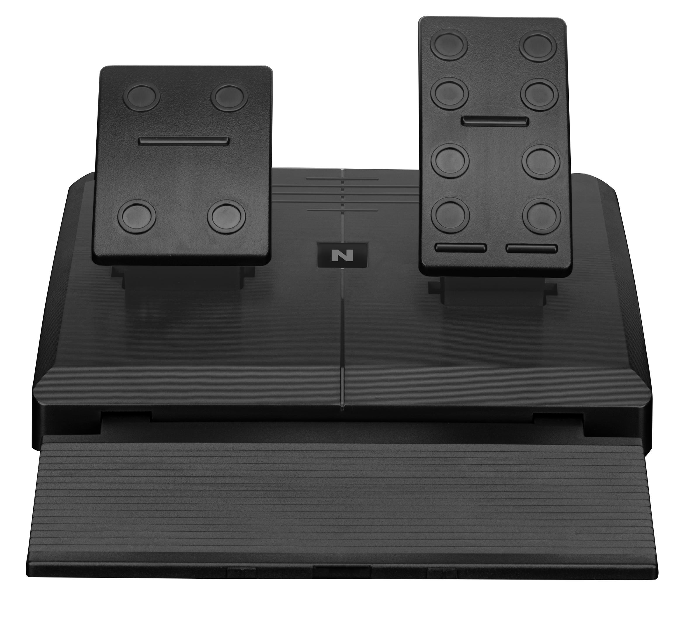 Schwarze Gamecontroller-Pedale auf schwarzer Basis. Die Pedale sind rechteckig mit kreisförmigen Vertiefungen.