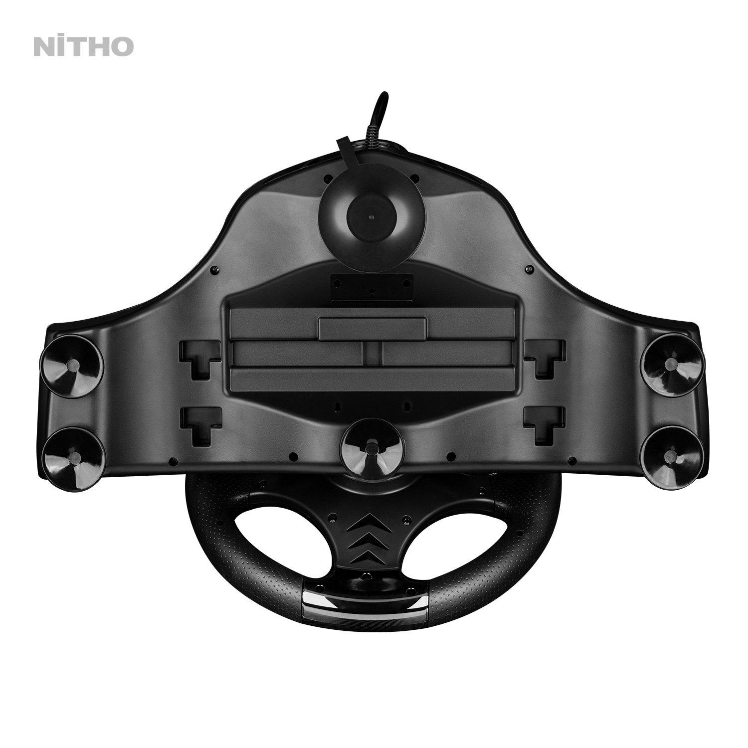 Die Unterseite eines schwarzen Gamecontroller-Lenkrads.  Es zeigt Saugnäpfe und das NiTHO-Logo.