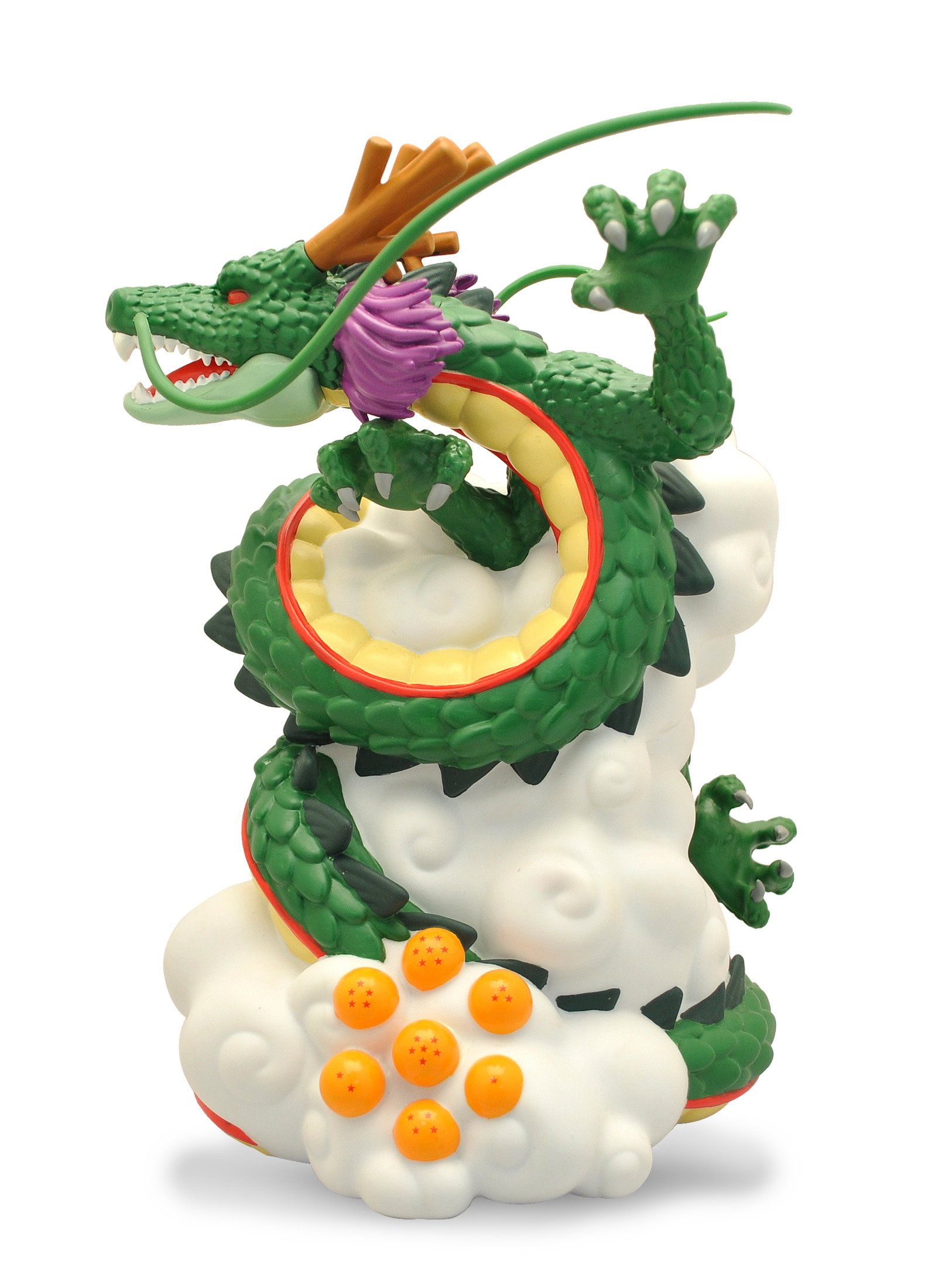 Eine grüne Drachenfigur windet sich um weiße Wolken mit orangefarbenen Kugeln vor einem weißen Hintergrund.