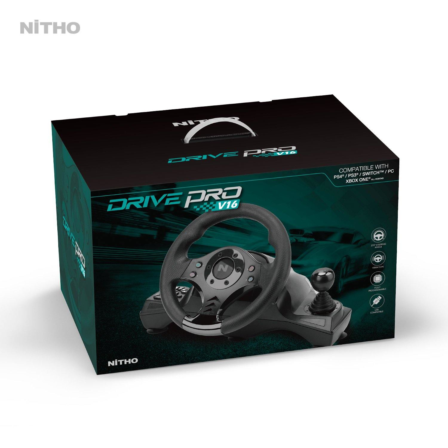 Ein Spielcontroller-Lenkrad und Pedale in einer Schachtel. Der Markenname ist NiTHO, Drive Pro V16.