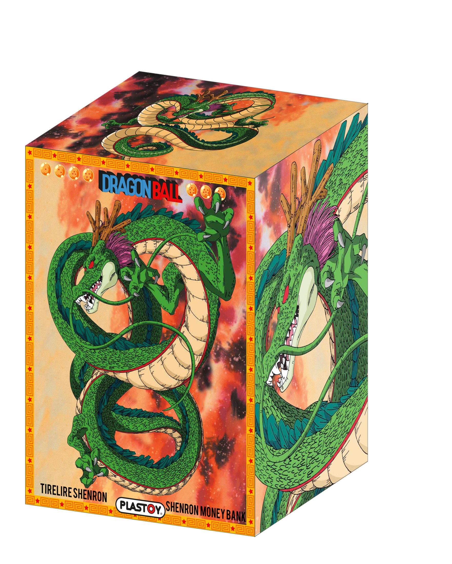 Eine verpackte grüne Drachenfigur mit orangefarbenen Drachenbällen wird in einer Verpackung mit Dragon Ball-Branding ausgestellt.